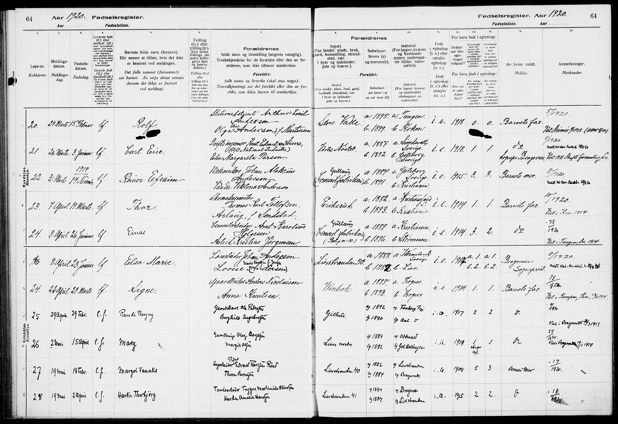 Lier kirkebøker, AV/SAKO-A-230/J/Ja/L0001: Birth register no. 1, 1916-1928, p. 64