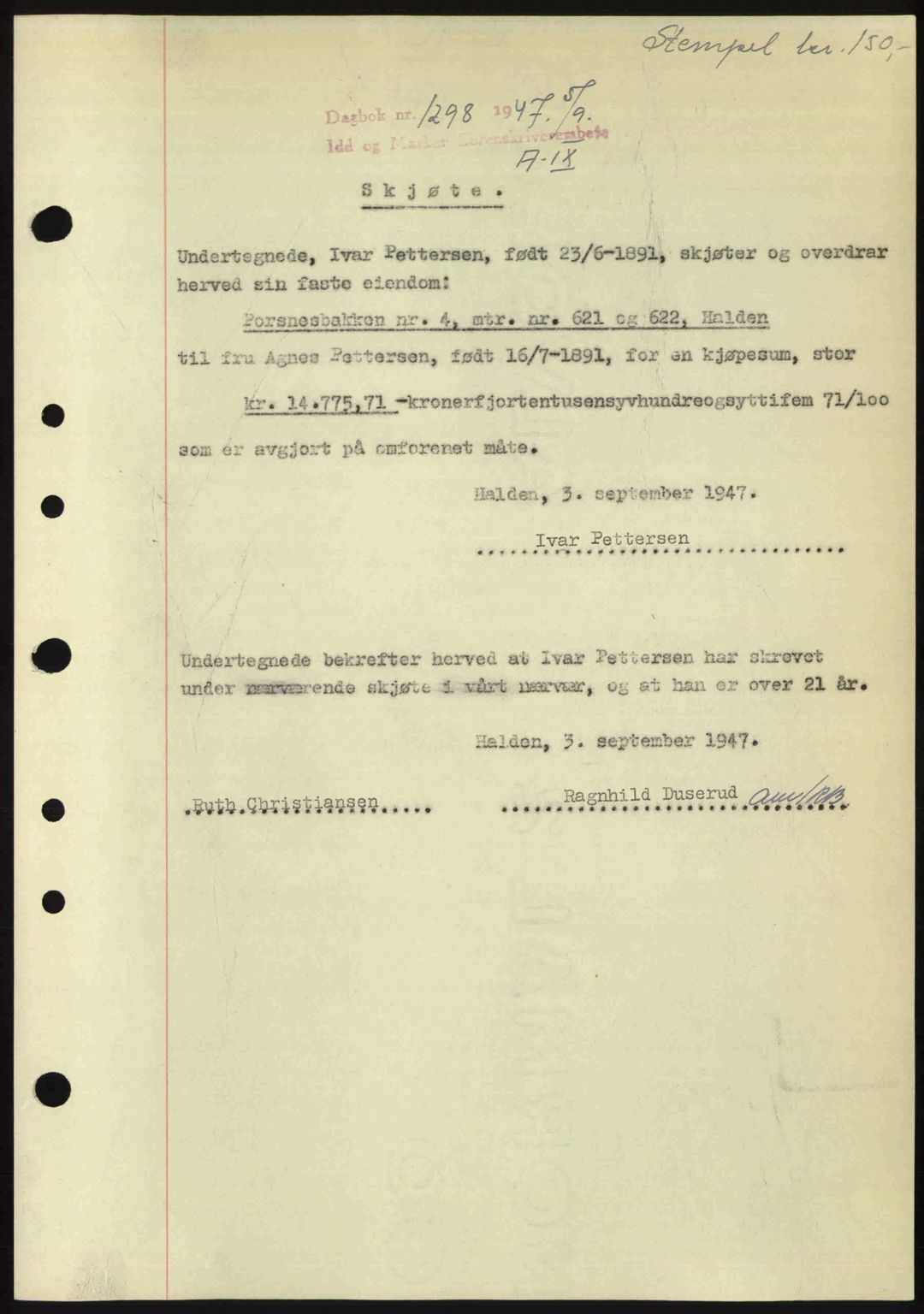 Idd og Marker sorenskriveri, SAO/A-10283/G/Gb/Gbb/L0009: Mortgage book no. A9, 1946-1947, Diary no: : 1298/1947