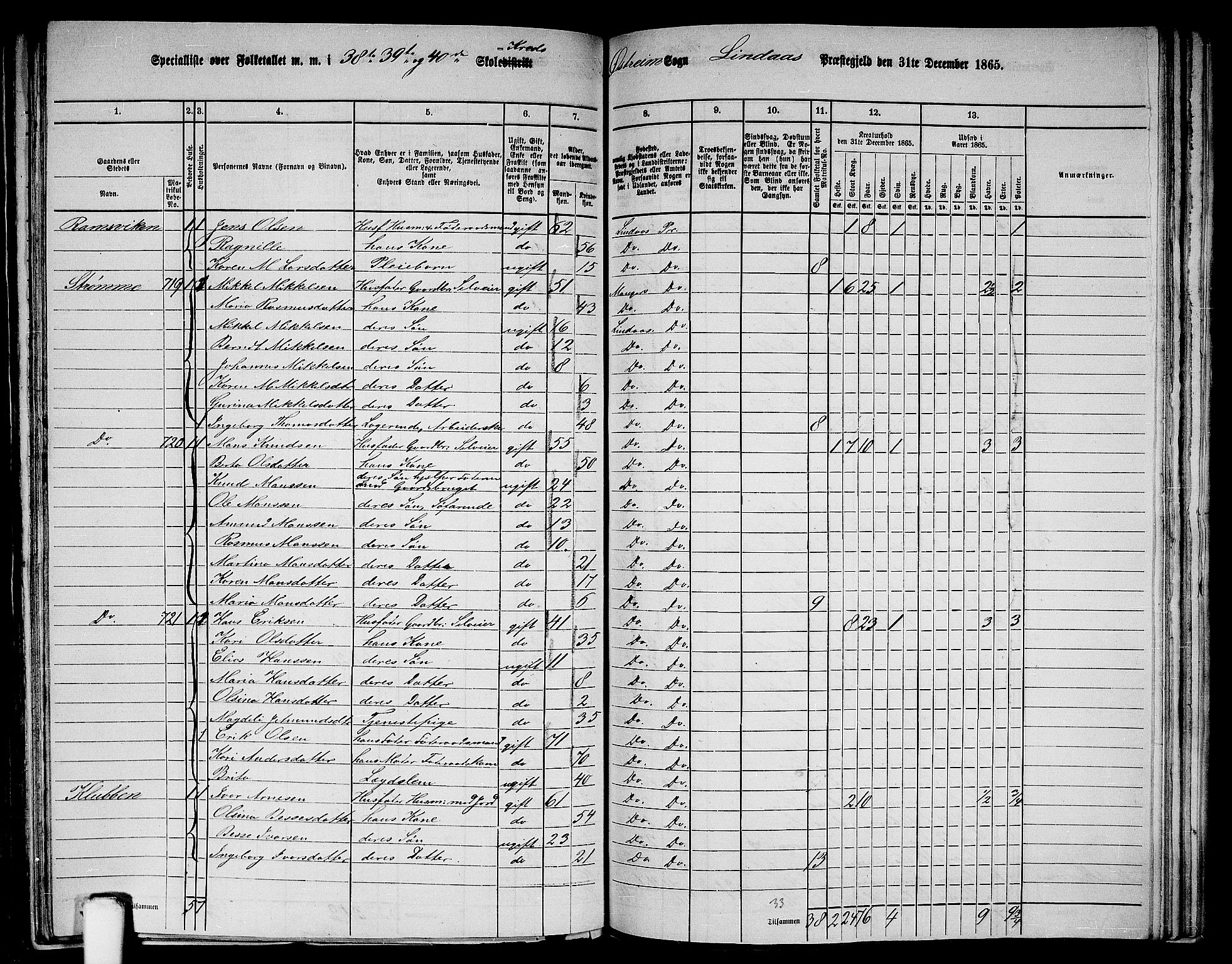 RA, 1865 census for Lindås, 1865, p. 250