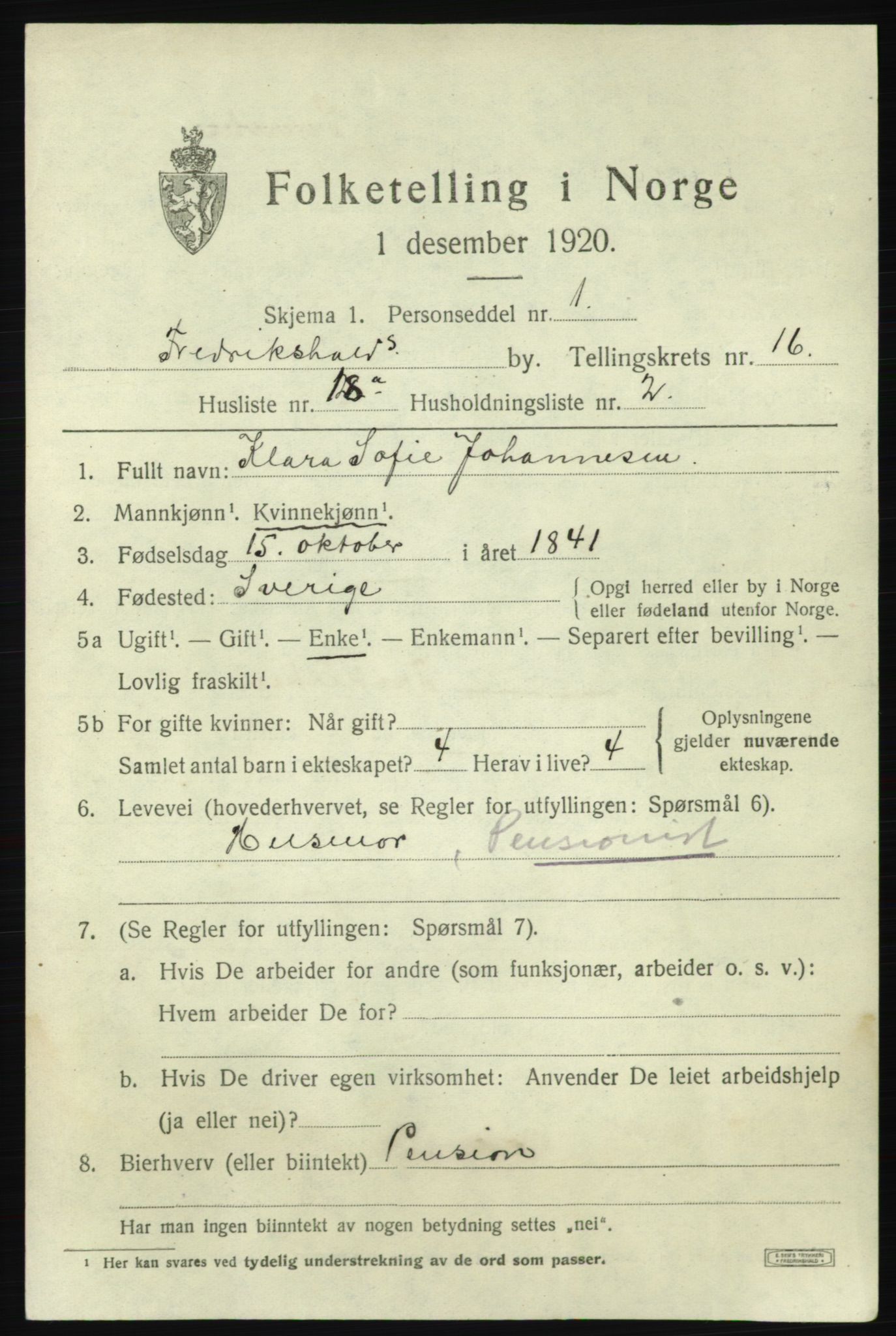 SAO, 1920 census for Fredrikshald, 1920, p. 25383