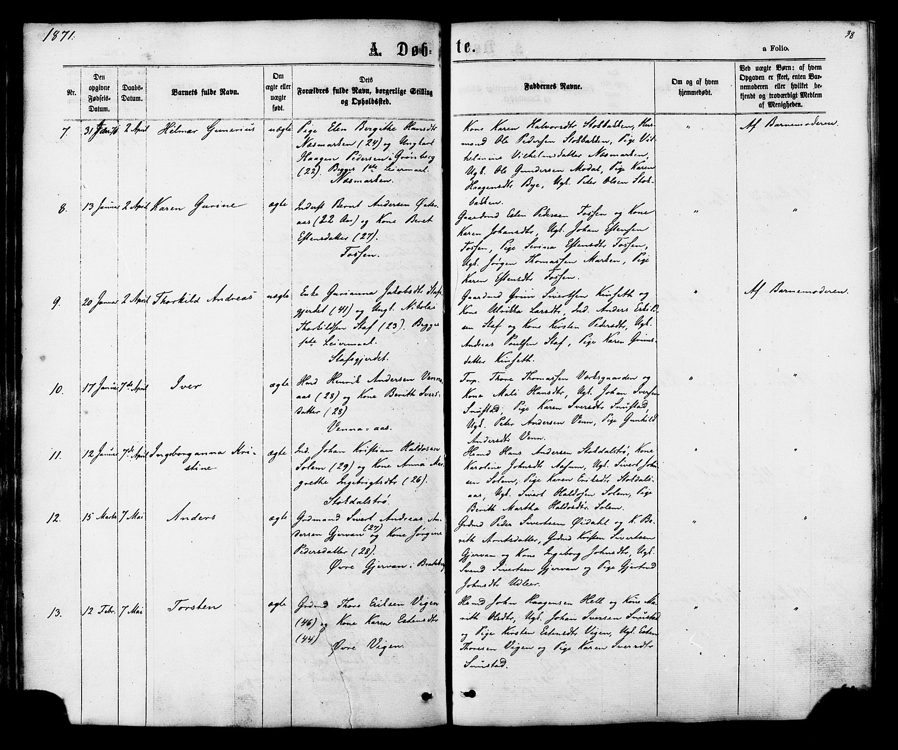 Ministerialprotokoller, klokkerbøker og fødselsregistre - Sør-Trøndelag, SAT/A-1456/616/L0409: Parish register (official) no. 616A06, 1865-1877, p. 38