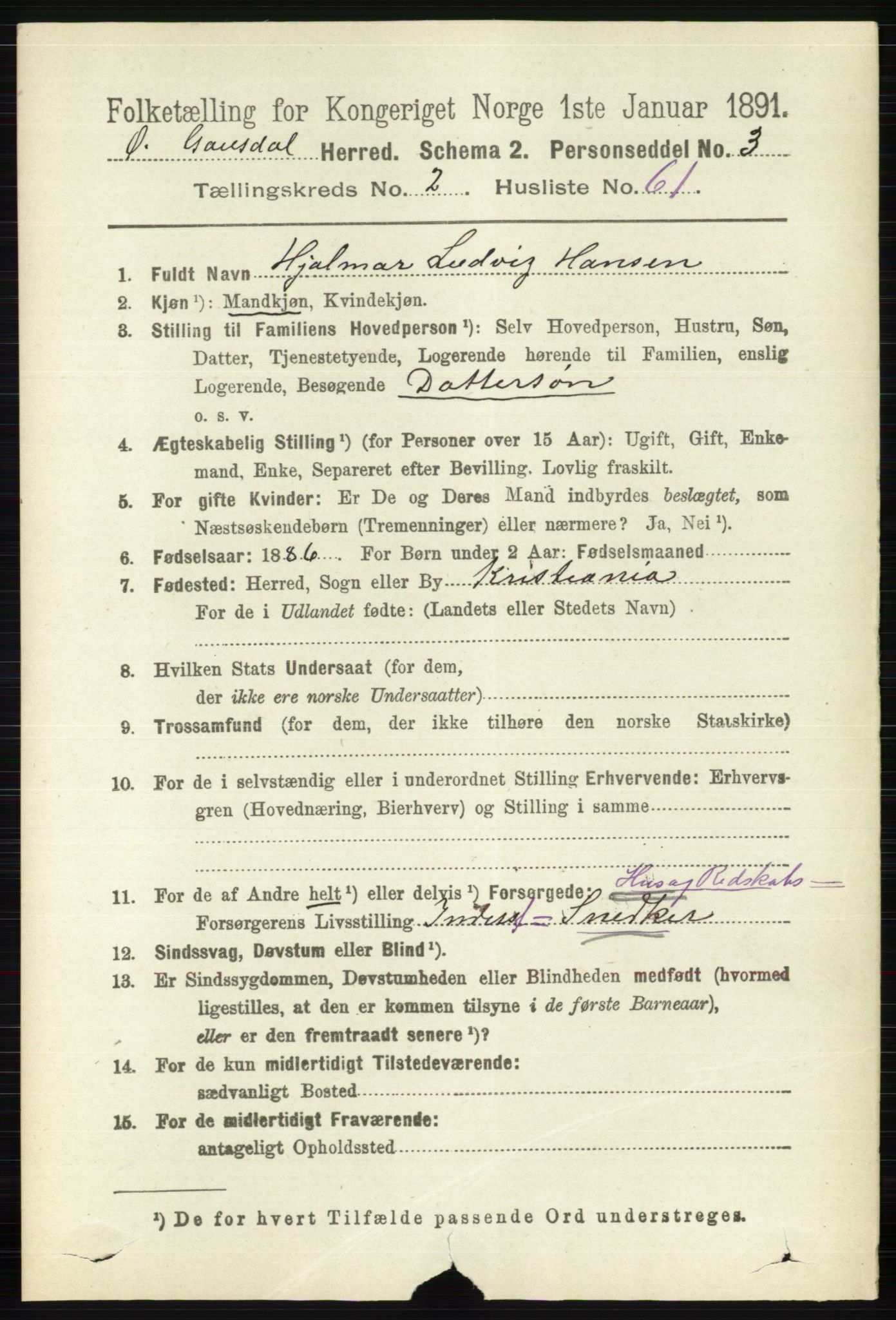 RA, 1891 census for 0522 Østre Gausdal, 1891, p. 1601