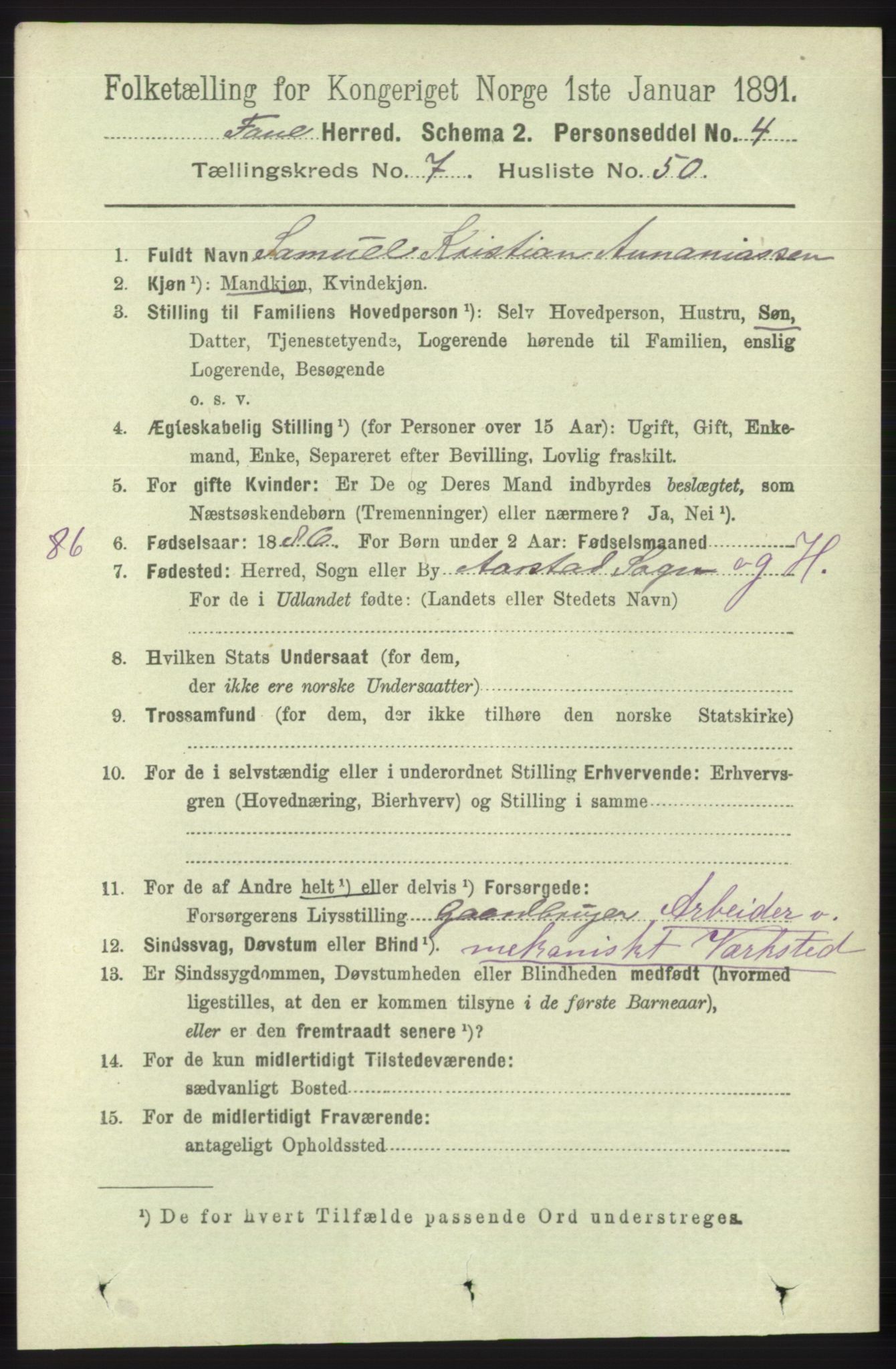 RA, 1891 census for 1249 Fana, 1891, p. 3283