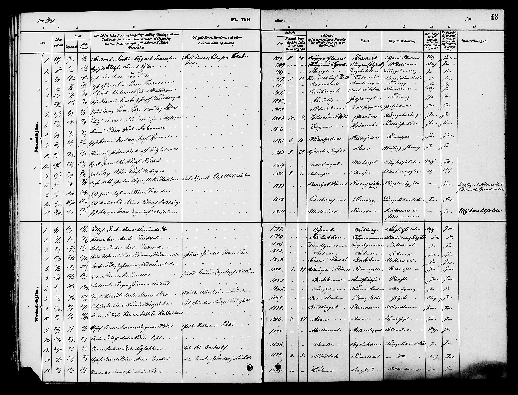 Elverum prestekontor, AV/SAH-PREST-044/H/Ha/Haa/L0012: Parish register (official) no. 12, 1880-1893, p. 43