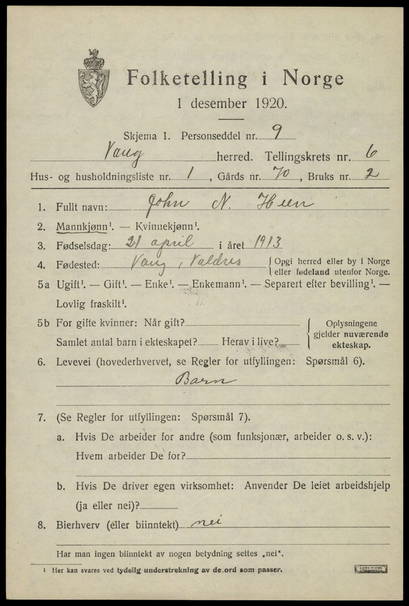 SAH, 1920 census for Vang (Oppland), 1920, p. 2645