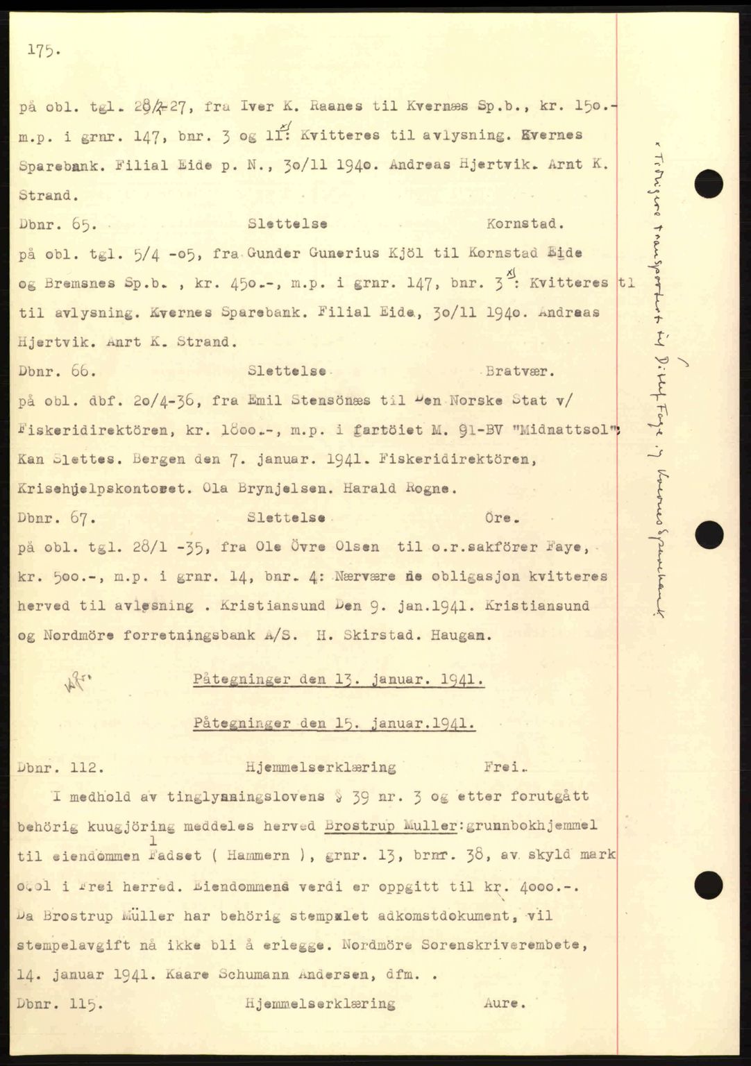 Nordmøre sorenskriveri, AV/SAT-A-4132/1/2/2Ca: Mortgage book no. C81, 1940-1945, Diary no: : 65/1941