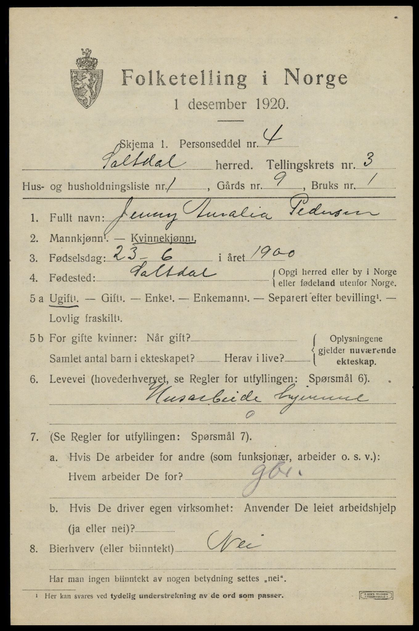 SAT, 1920 census for Saltdal, 1920, p. 4367