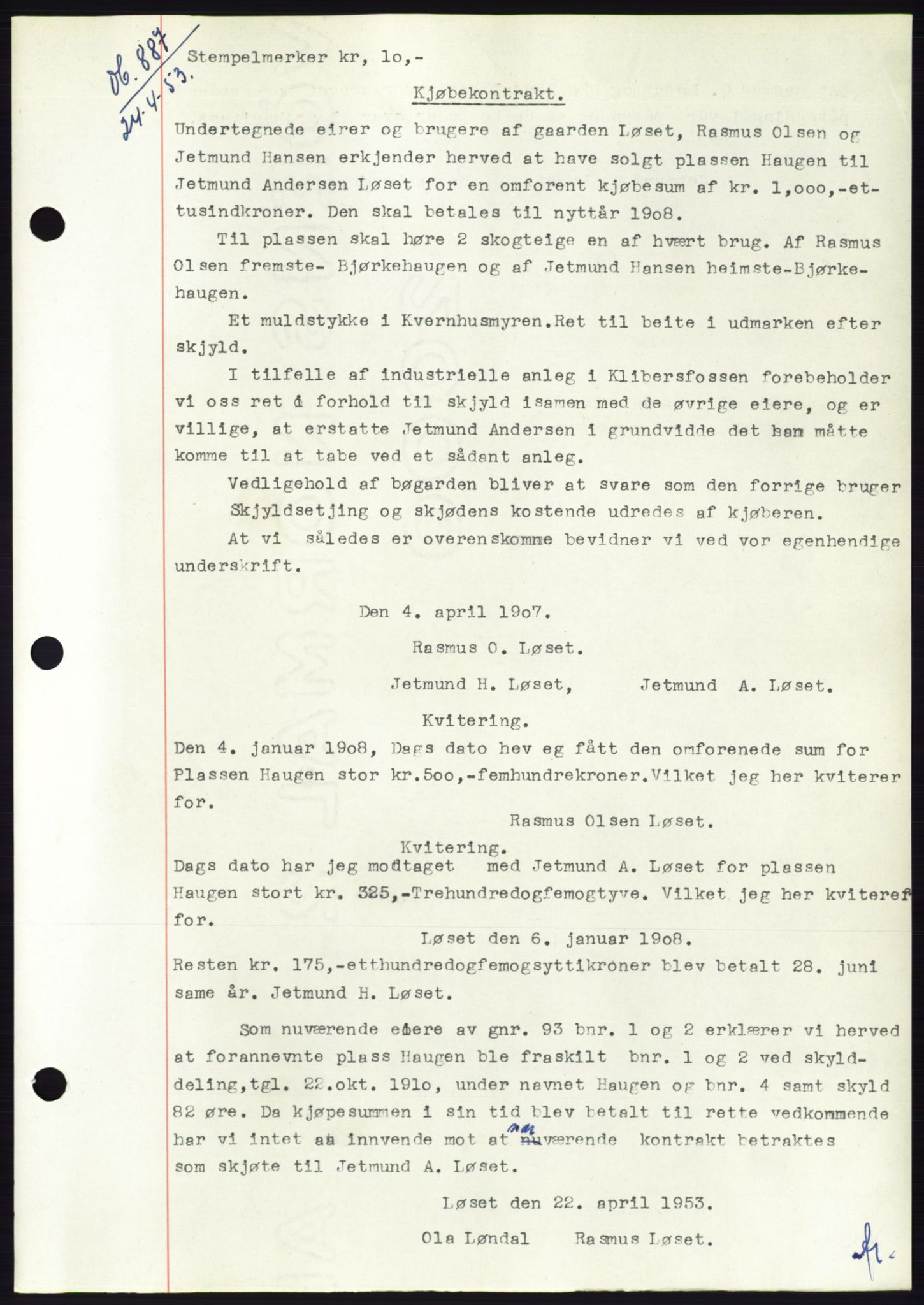 Søre Sunnmøre sorenskriveri, AV/SAT-A-4122/1/2/2C/L0094: Mortgage book no. 20A, 1953-1953, Diary no: : 887/1953