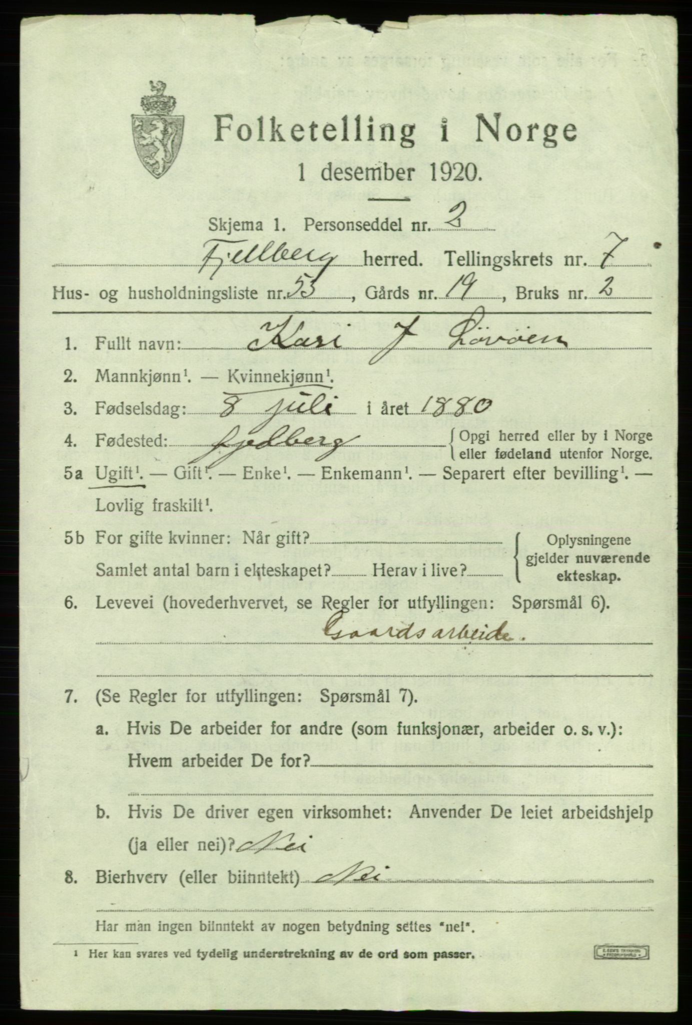 SAB, 1920 census for Fjelberg, 1920, p. 3277