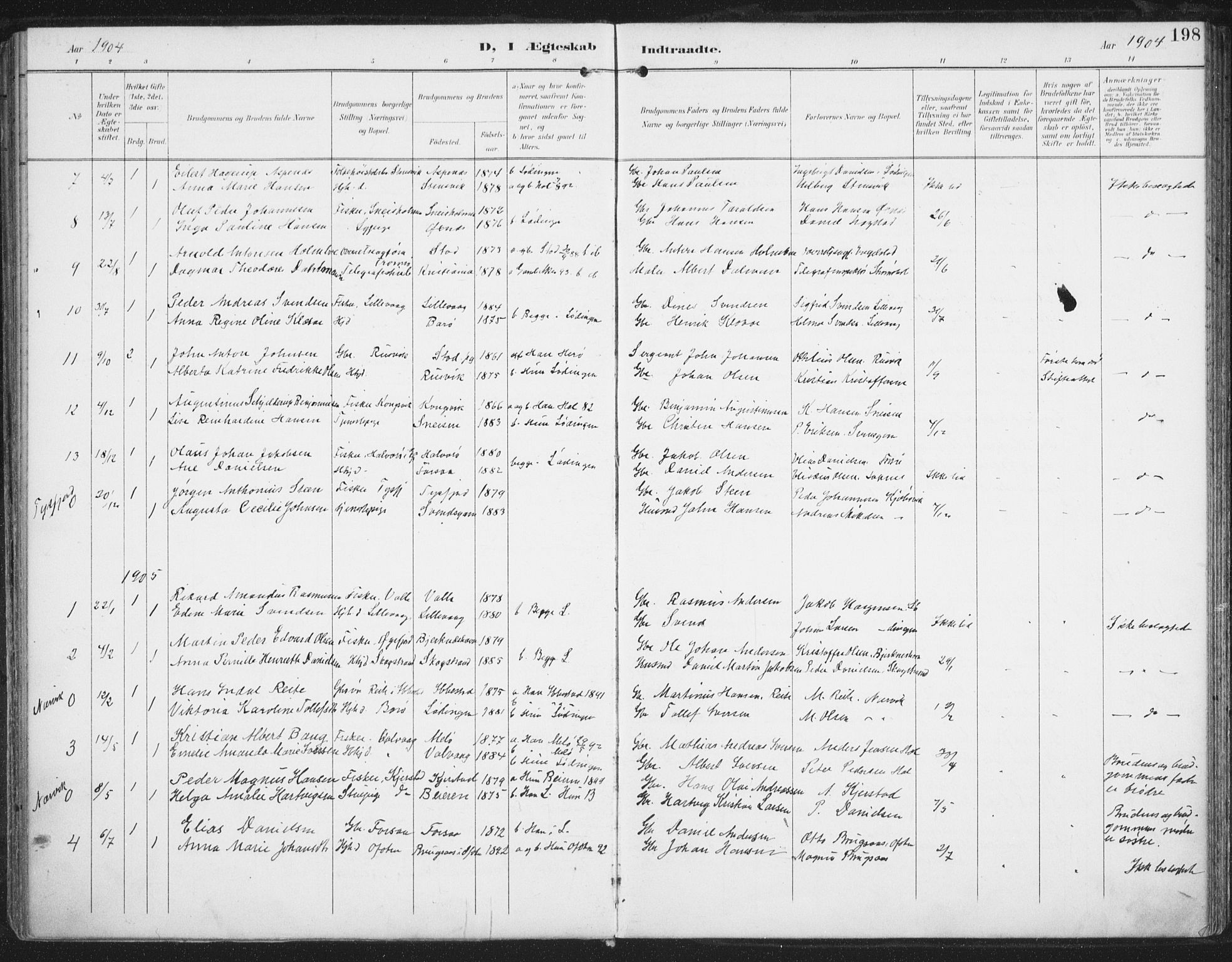 Ministerialprotokoller, klokkerbøker og fødselsregistre - Nordland, AV/SAT-A-1459/872/L1036: Parish register (official) no. 872A11, 1897-1913, p. 198