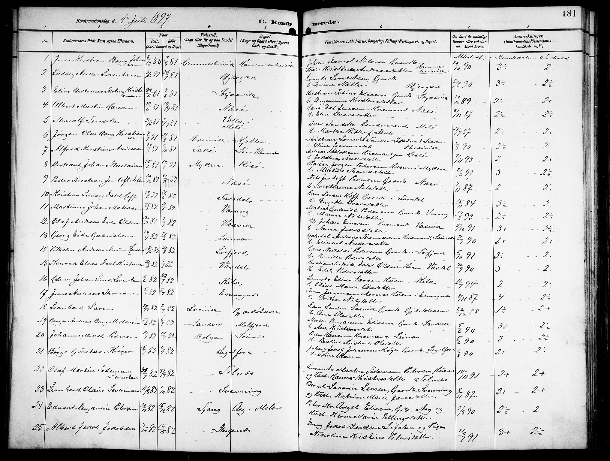 Ministerialprotokoller, klokkerbøker og fødselsregistre - Nordland, SAT/A-1459/841/L0621: Parish register (copy) no. 841C05, 1897-1923, p. 181