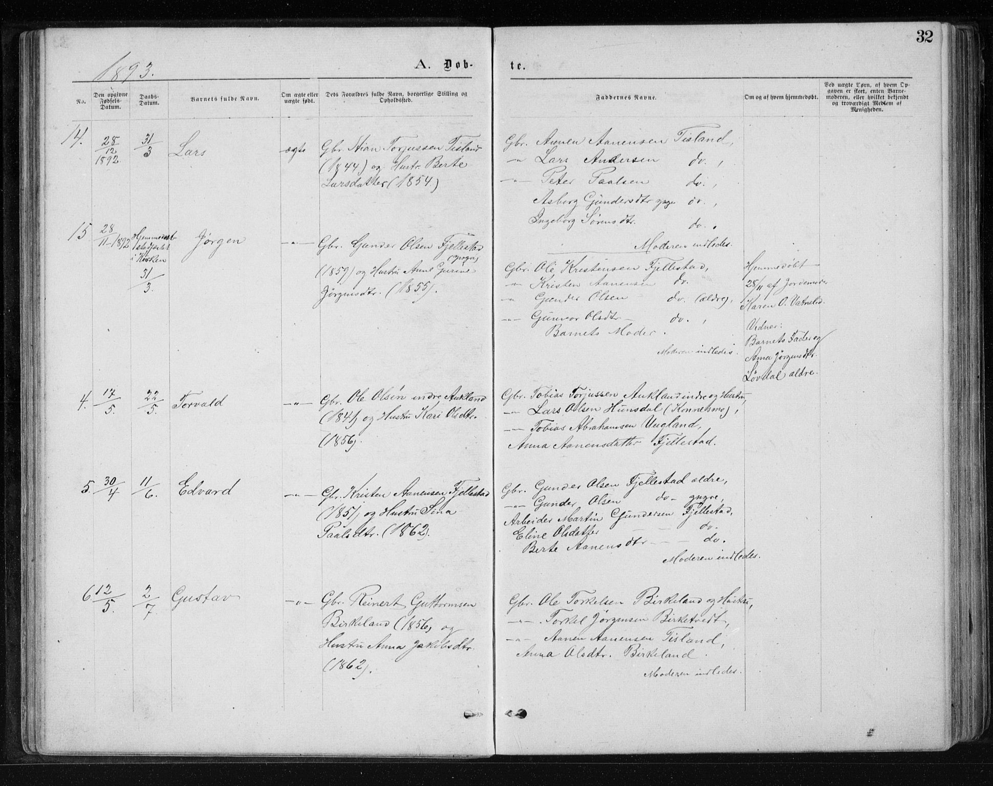 Holum sokneprestkontor, SAK/1111-0022/F/Fb/Fbb/L0003: Parish register (copy) no. B 3, 1875-1898, p. 32