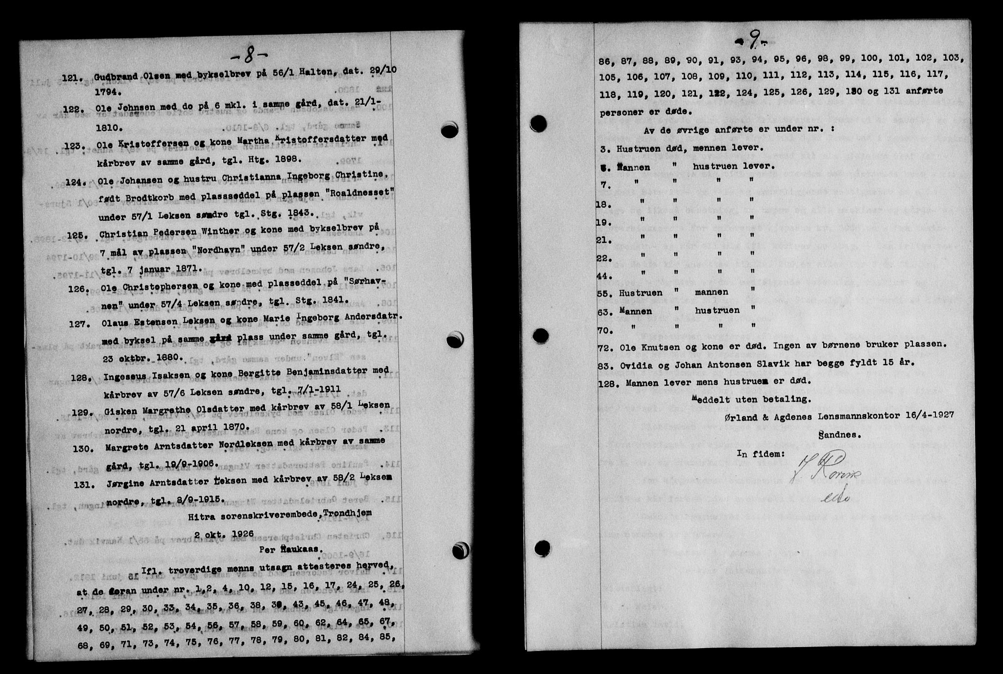 Hitra sorenskriveri, AV/SAT-A-0018/2/2C/2Ca/L0008: Mortgage book no. 8, 1927-1927, p. 8-9
