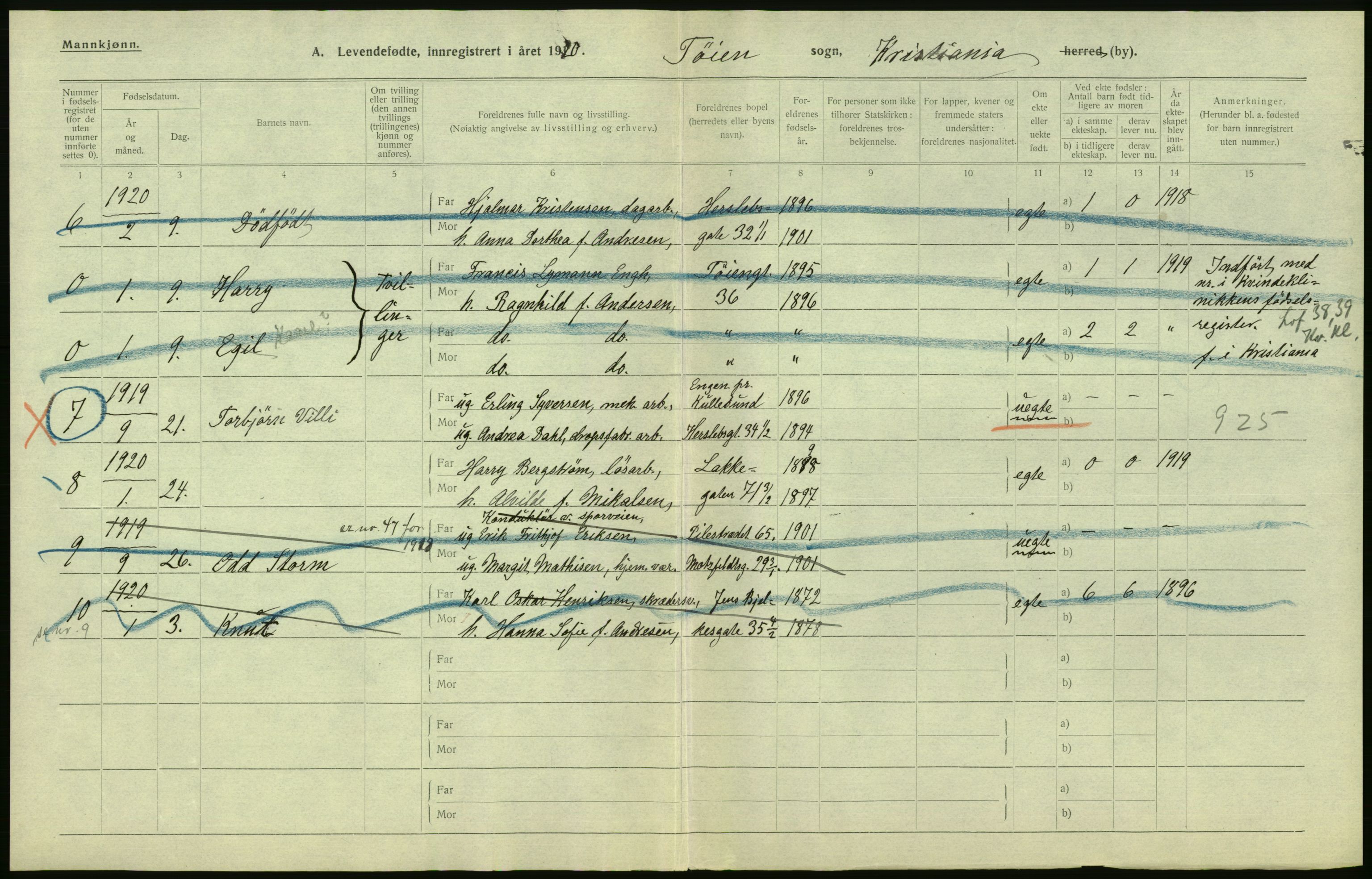 Statistisk sentralbyrå, Sosiodemografiske emner, Befolkning, AV/RA-S-2228/D/Df/Dfb/Dfbj/L0009: Kristiania: Levendefødte menn og kvinner., 1920, p. 4