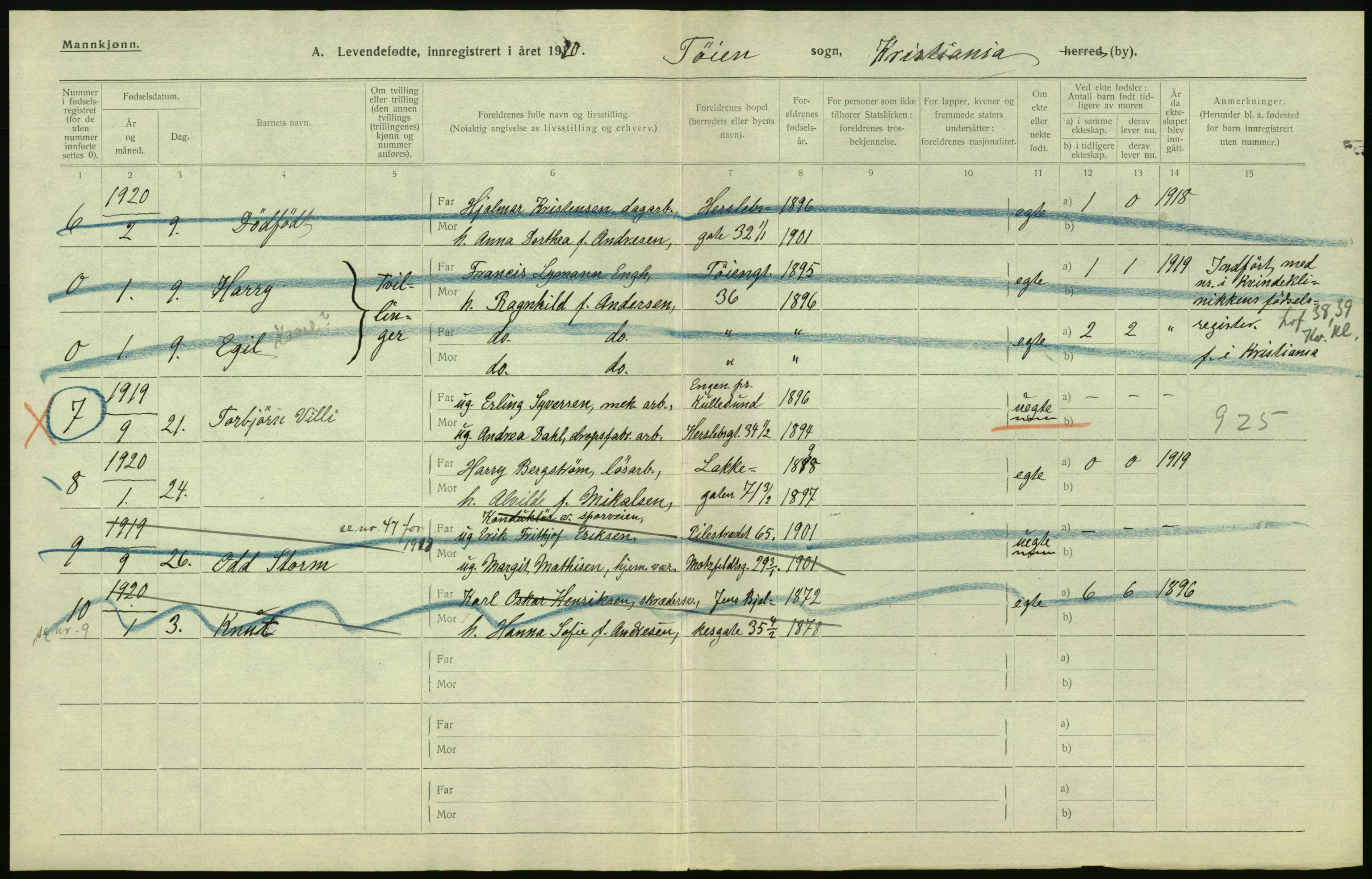 Statistisk sentralbyrå, Sosiodemografiske emner, Befolkning, RA/S-2228/D/Df/Dfb/Dfbj/L0009: Kristiania: Levendefødte menn og kvinner., 1920, p. 4