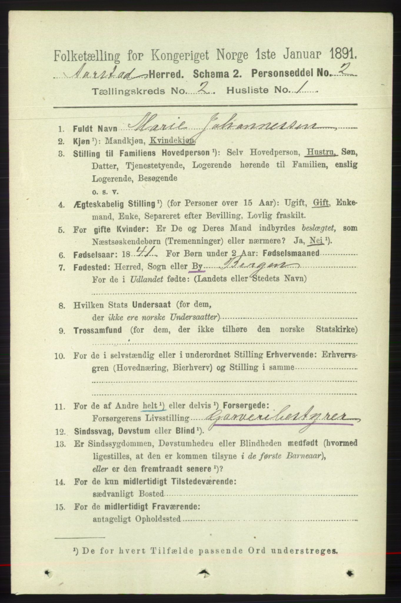 SAB, 1891 Census for 1280 Årstad, 1891, p. 1108