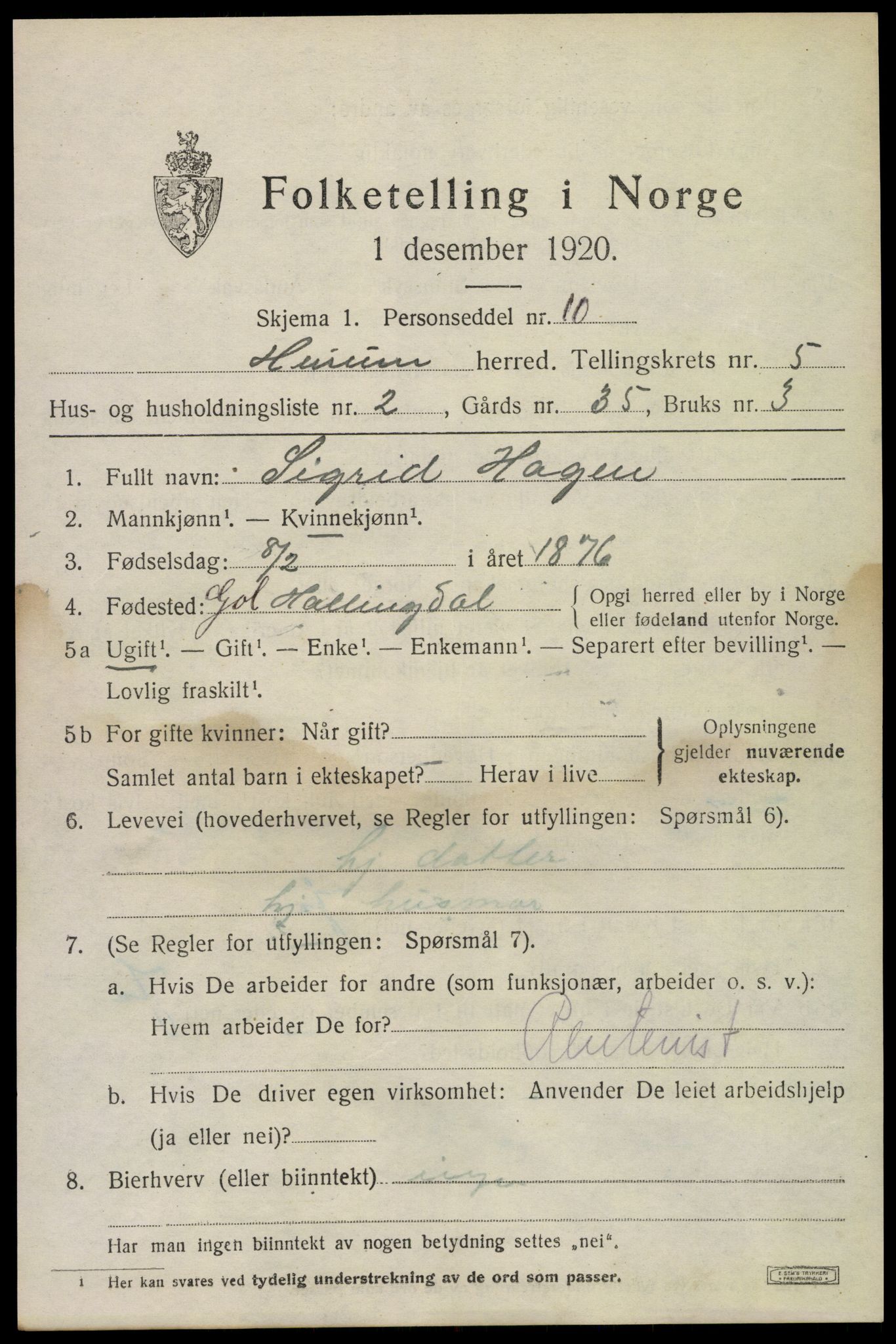 SAKO, 1920 census for Hurum, 1920, p. 6130