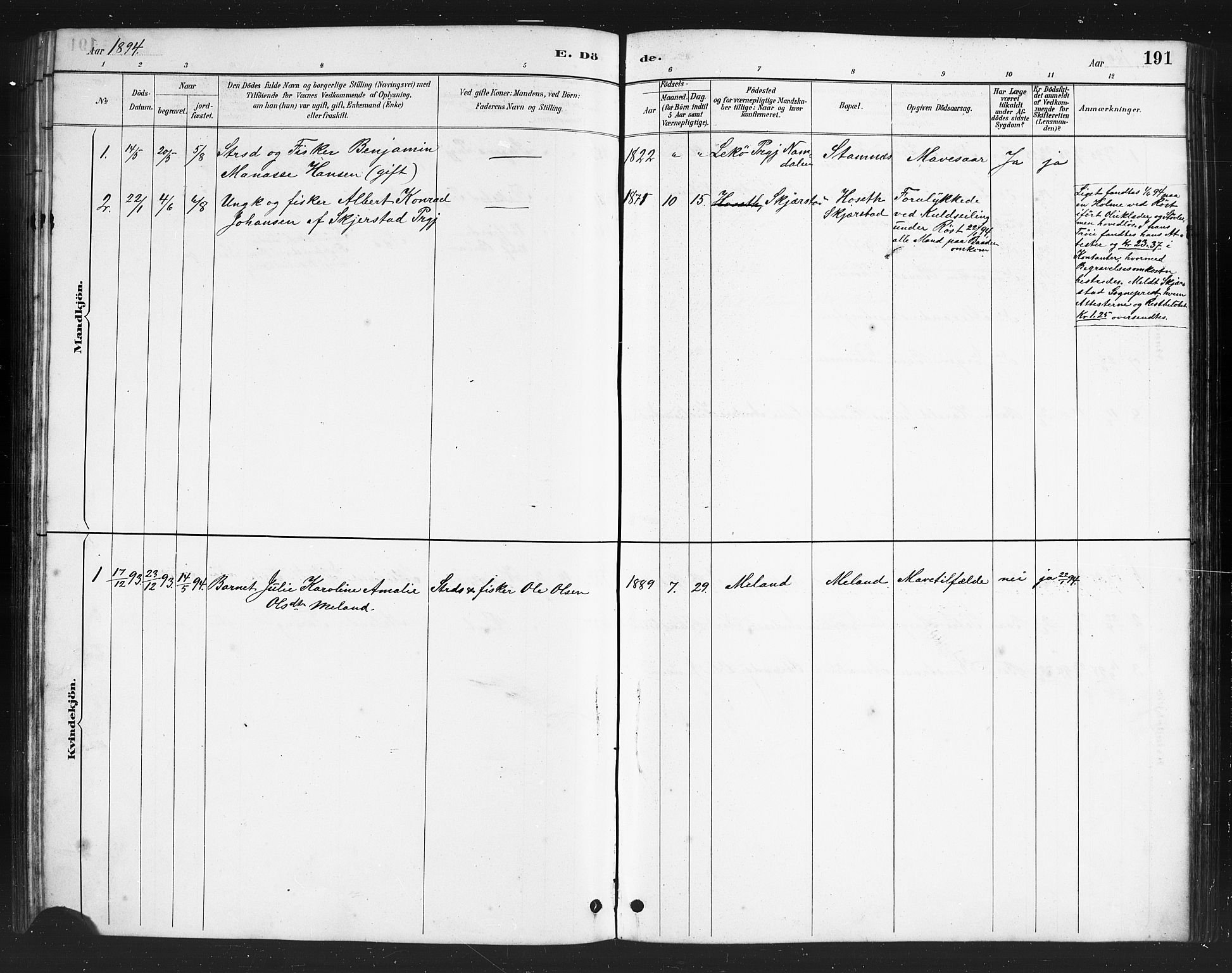 Ministerialprotokoller, klokkerbøker og fødselsregistre - Nordland, AV/SAT-A-1459/808/L0131: Parish register (copy) no. 808C02, 1879-1919, p. 191