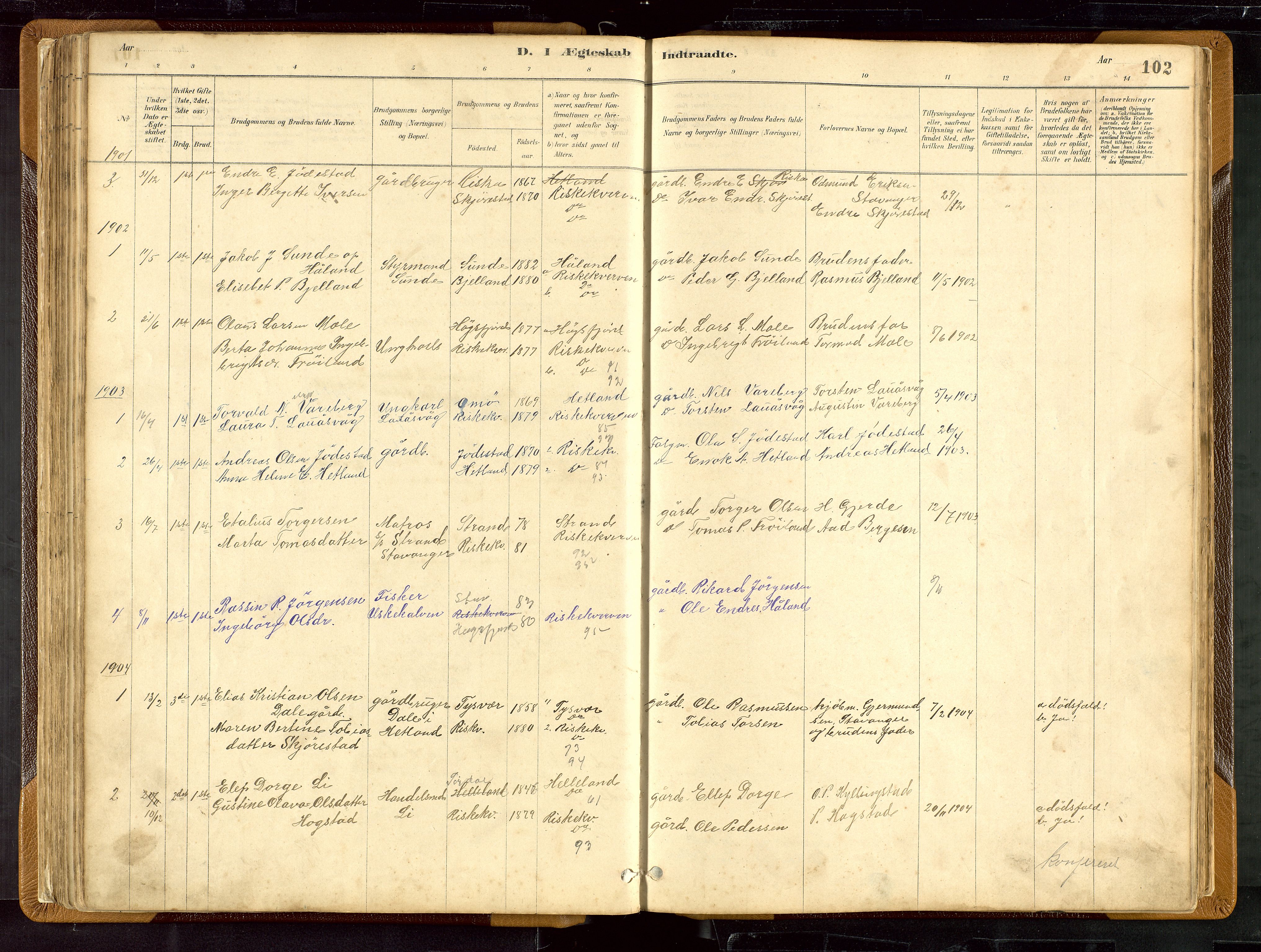 Hetland sokneprestkontor, SAST/A-101826/30/30BB/L0007: Parish register (copy) no. B 7, 1878-1910, p. 102