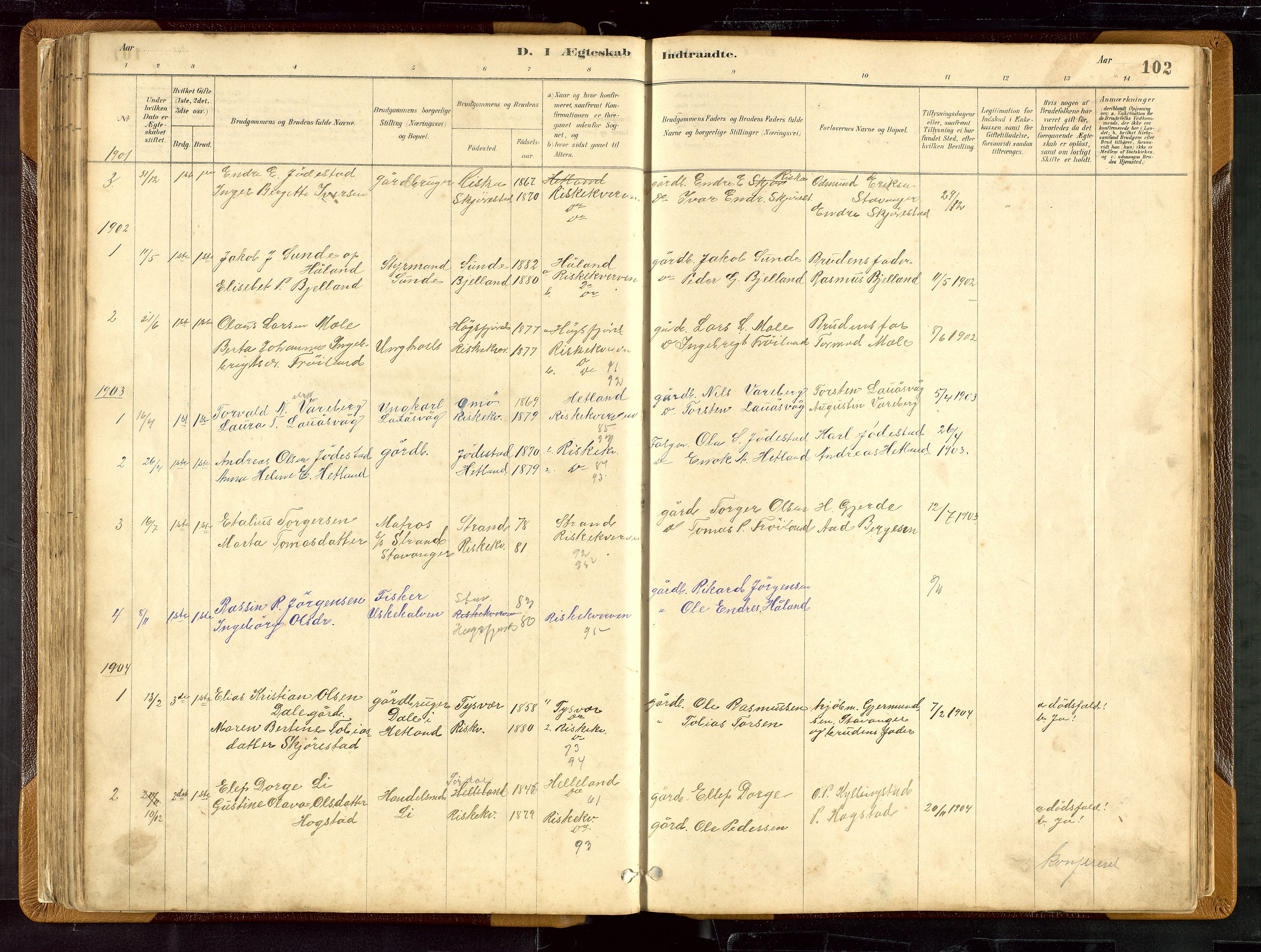 Hetland sokneprestkontor, AV/SAST-A-101826/30/30BB/L0007: Parish register (copy) no. B 7, 1878-1910, p. 102