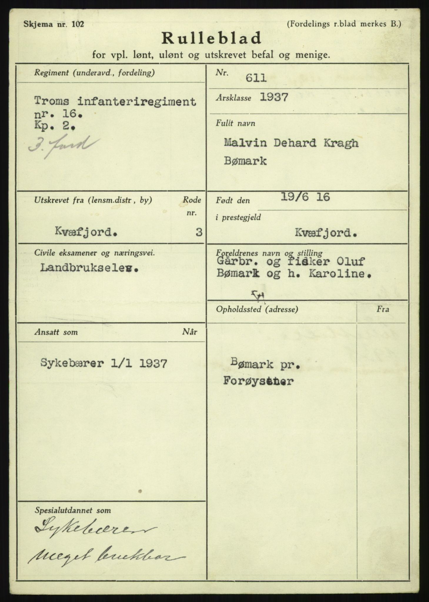 Forsvaret, Troms infanteriregiment nr. 16, AV/RA-RAFA-3146/P/Pa/L0021: Rulleblad for regimentets menige mannskaper, årsklasse 1937, 1937, p. 97