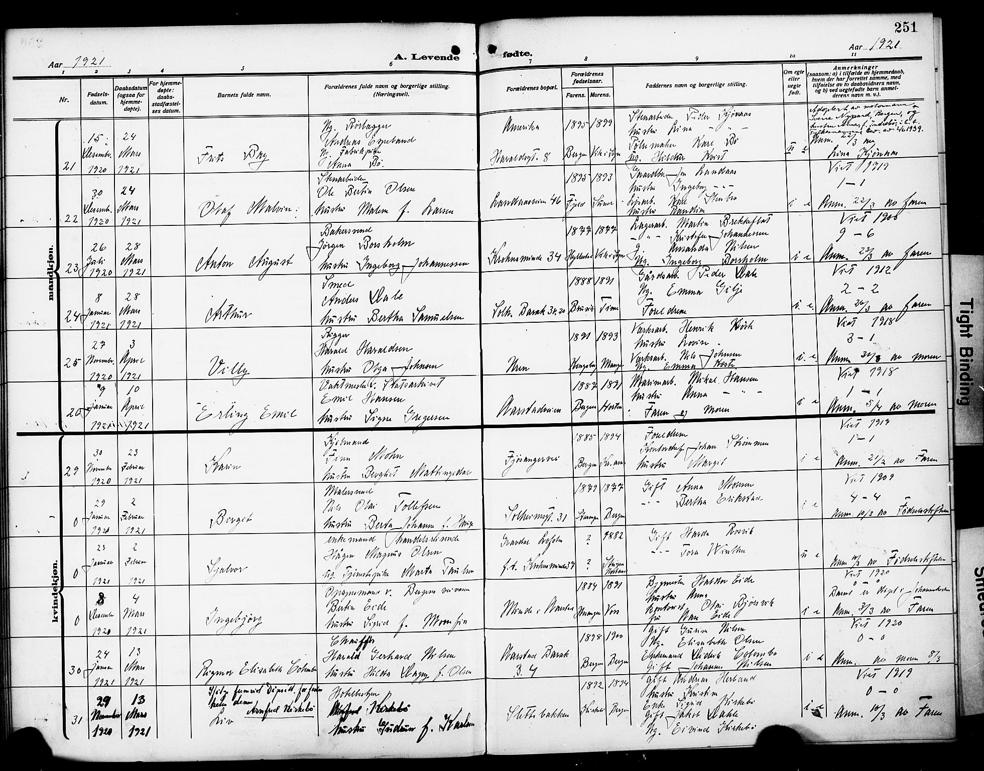 Årstad Sokneprestembete, AV/SAB-A-79301/H/Hab/L0003: Parish register (copy) no. A 3, 1912-1921, p. 251