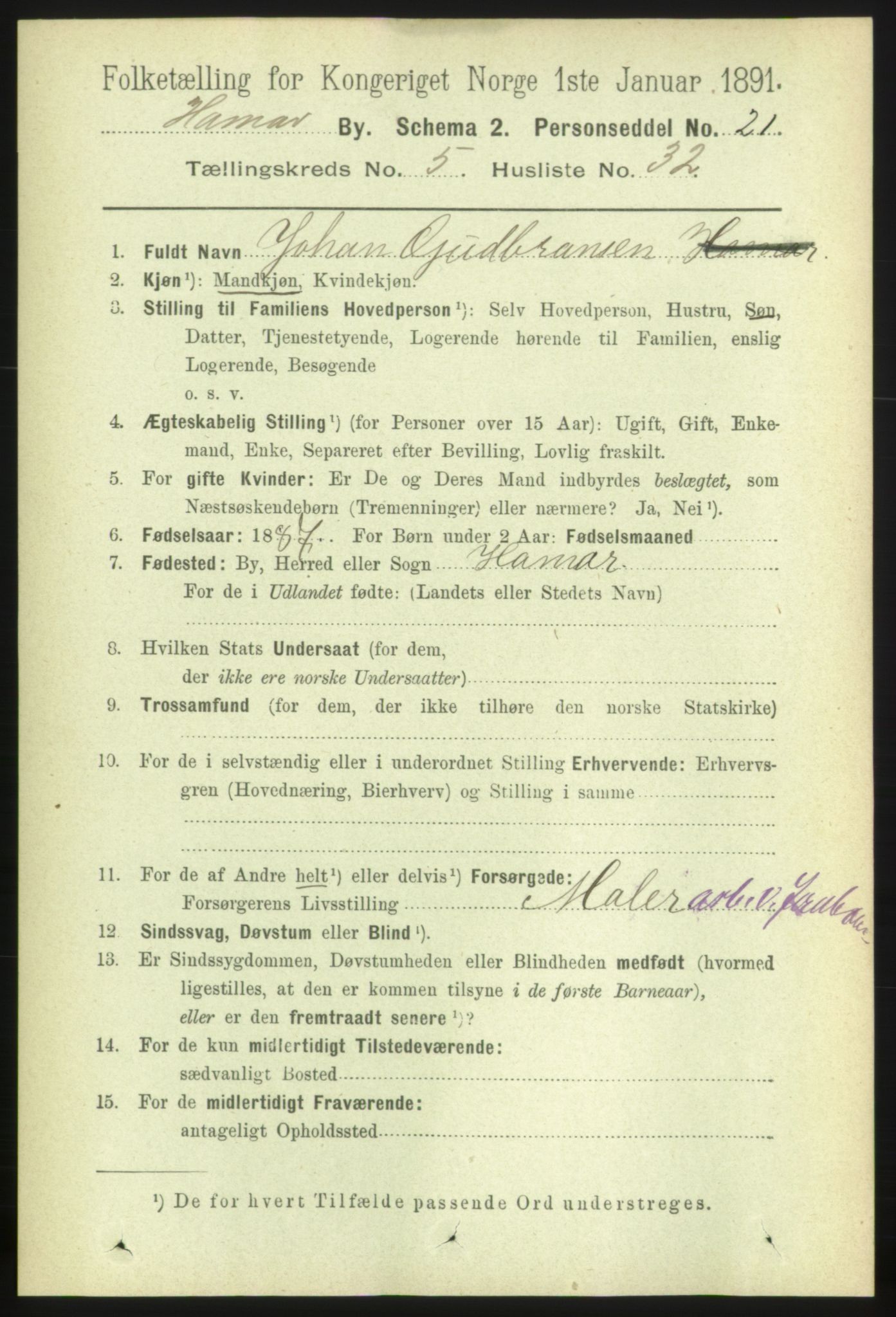 RA, 1891 census for 0401 Hamar, 1891, p. 4193