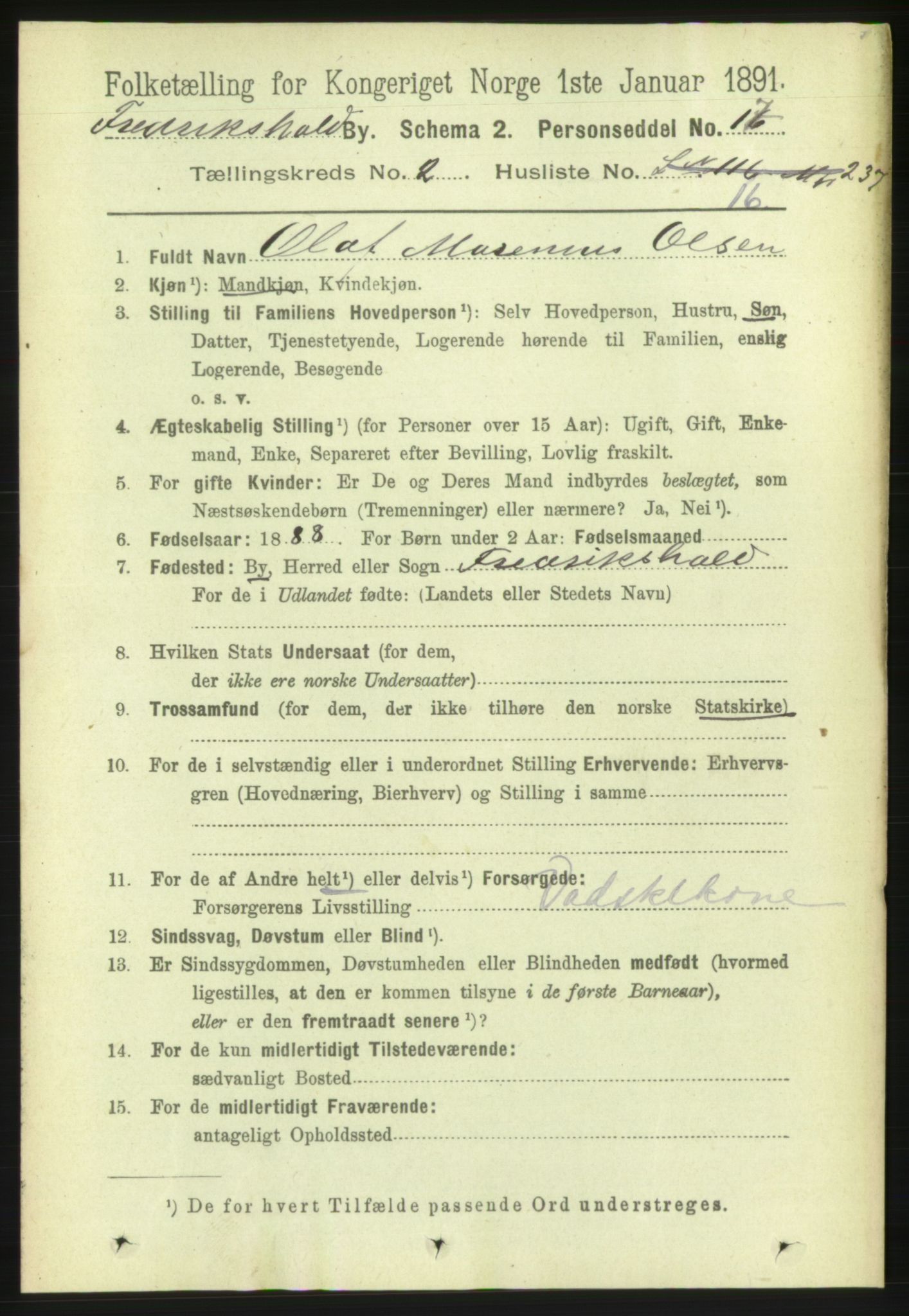 RA, 1891 census for 0101 Fredrikshald, 1891, p. 2836