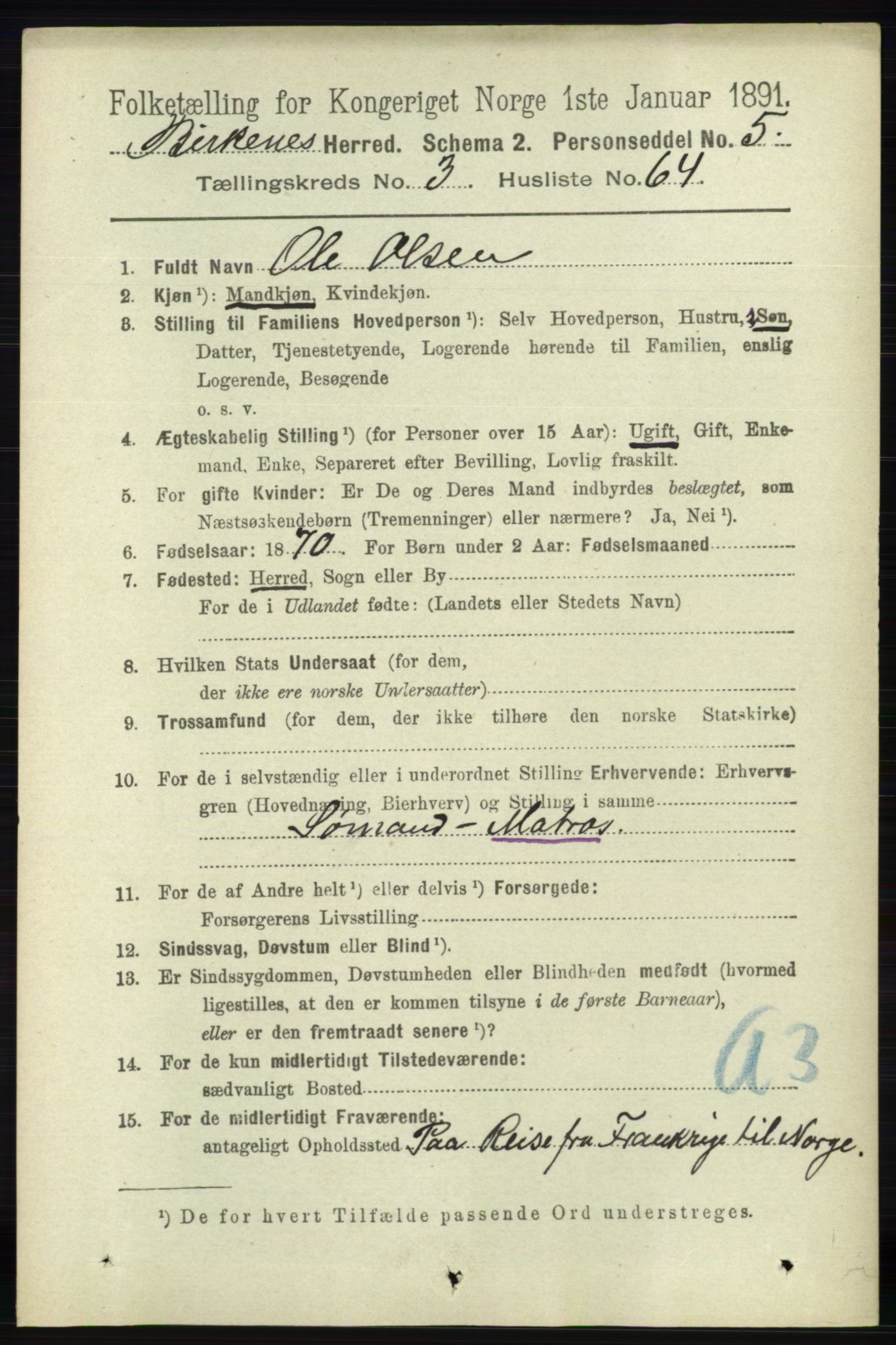 RA, 1891 Census for 0928 Birkenes, 1891, p. 1198