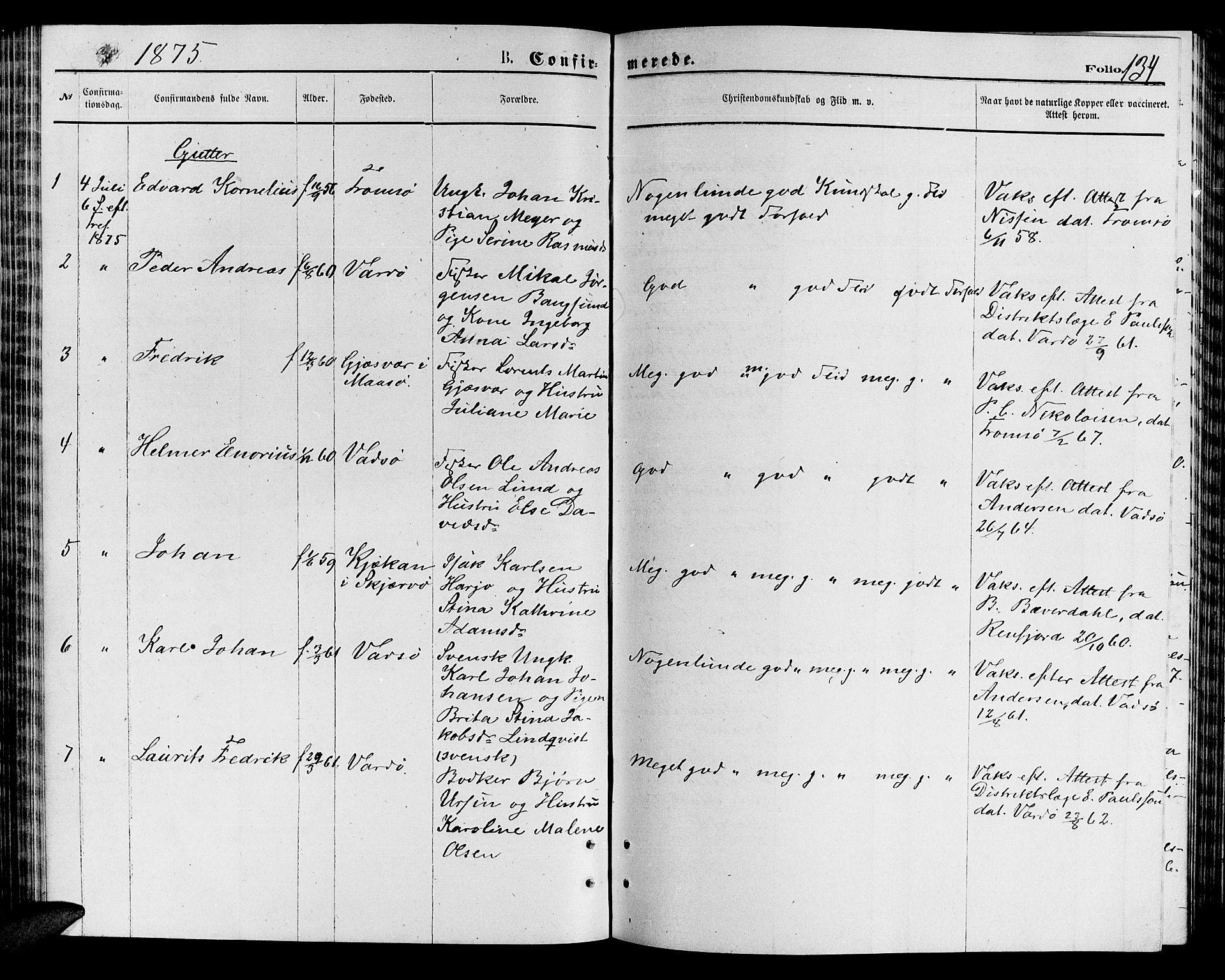 Vardø sokneprestkontor, SATØ/S-1332/H/Hb/L0003klokker: Parish register (copy) no. 3, 1871-1878, p. 134