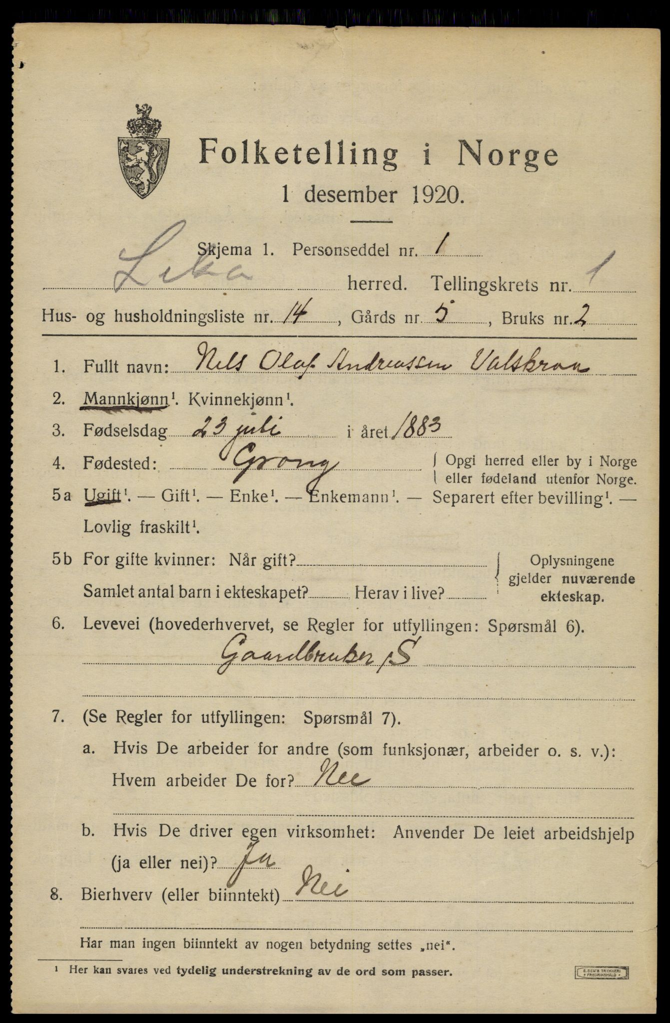 SAT, 1920 census for Grong, 1920, p. 1189