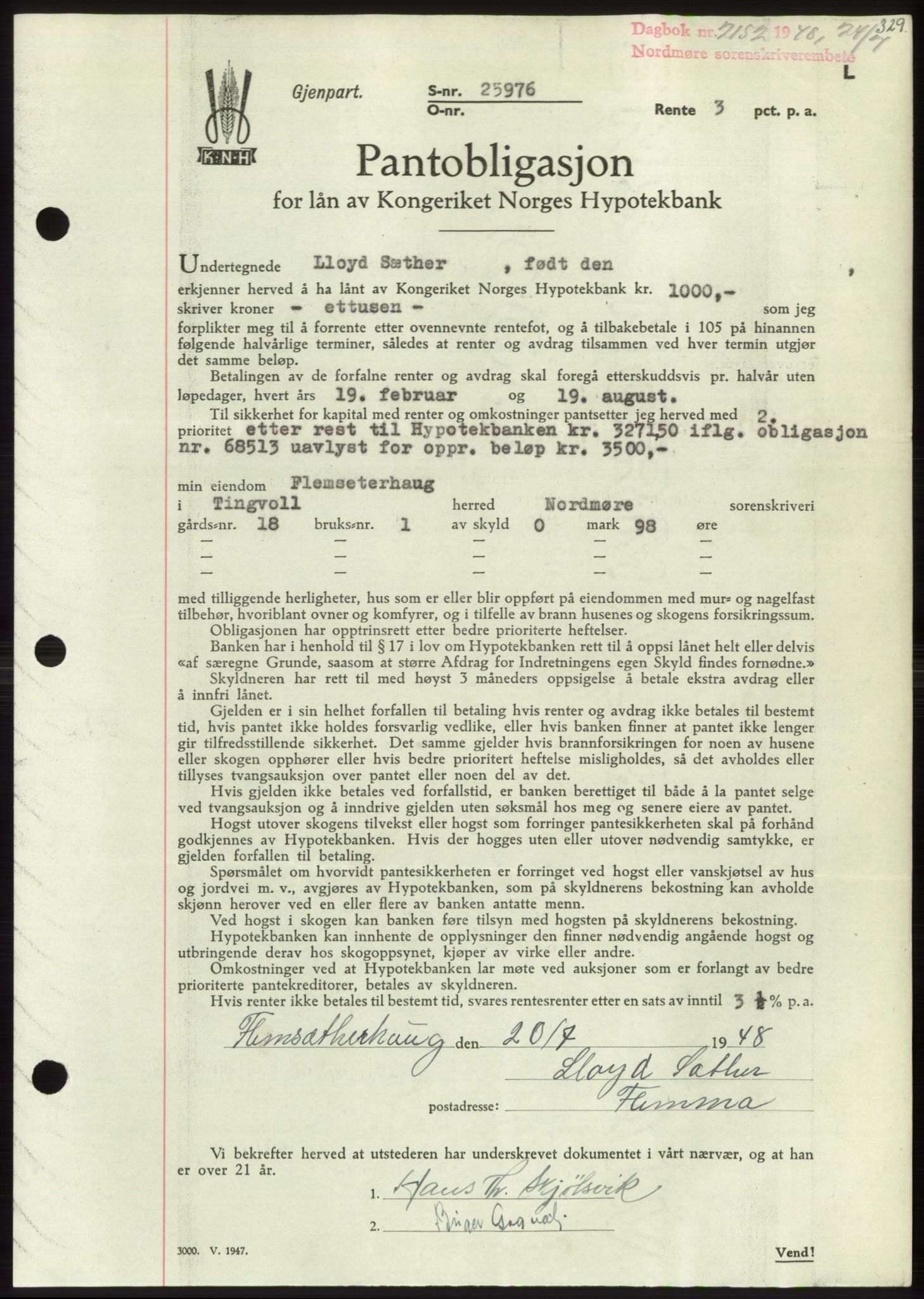 Nordmøre sorenskriveri, AV/SAT-A-4132/1/2/2Ca: Mortgage book no. B99, 1948-1948, Diary no: : 2152/1948