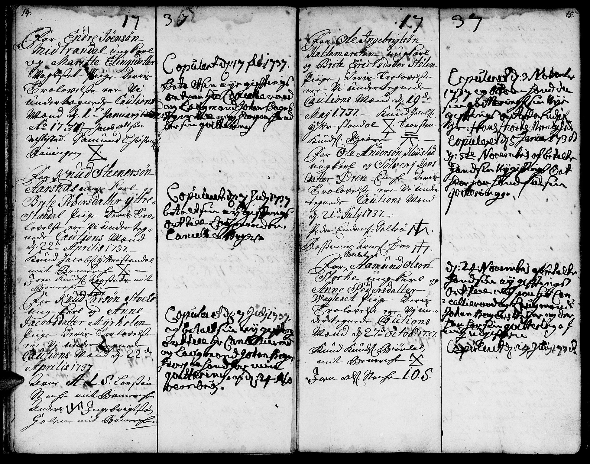 Ministerialprotokoller, klokkerbøker og fødselsregistre - Møre og Romsdal, SAT/A-1454/515/L0205: Parish register (official) no. 515A01, 1733-1764, p. 14-15