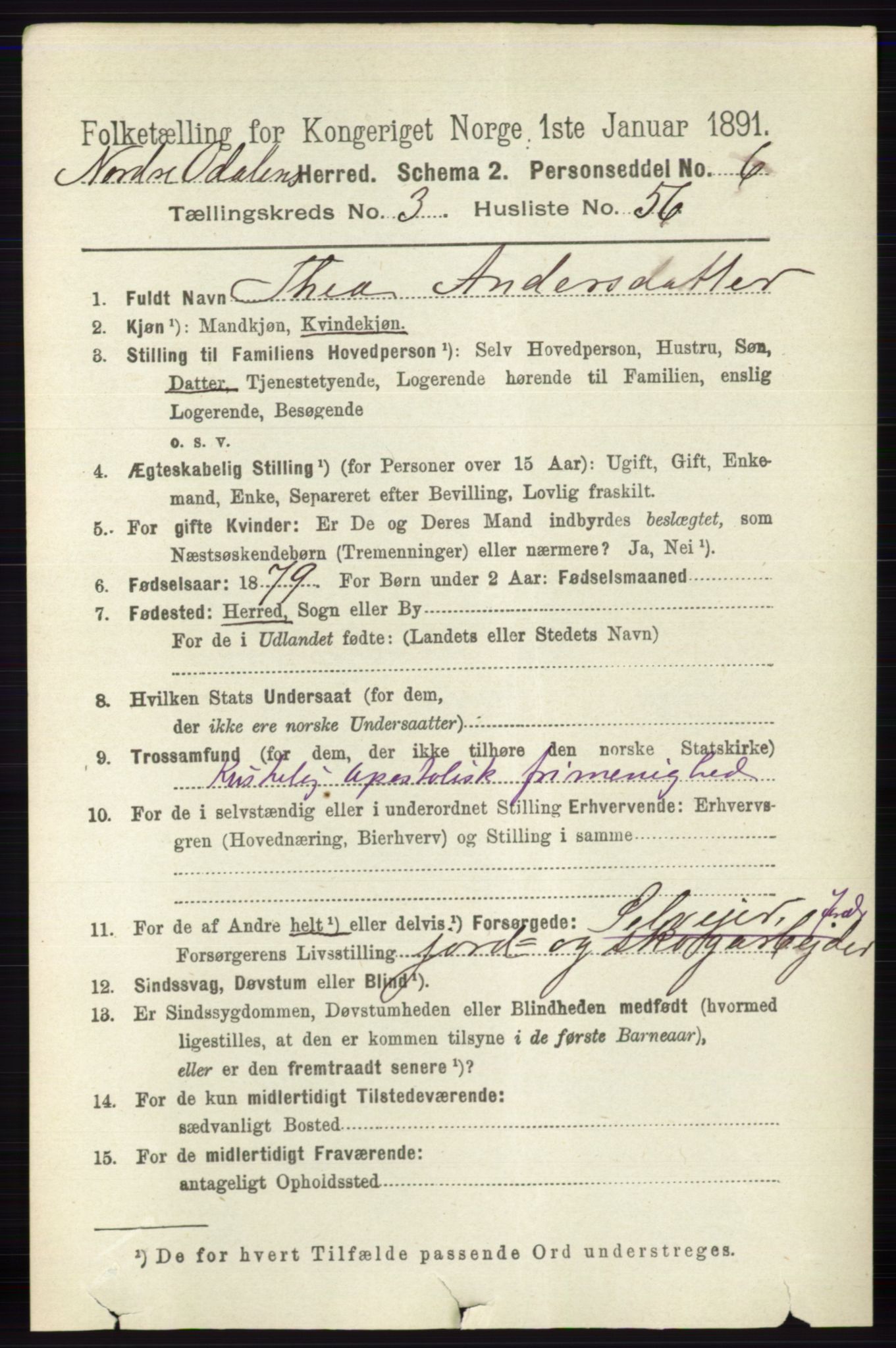 RA, 1891 census for 0418 Nord-Odal, 1891, p. 1223