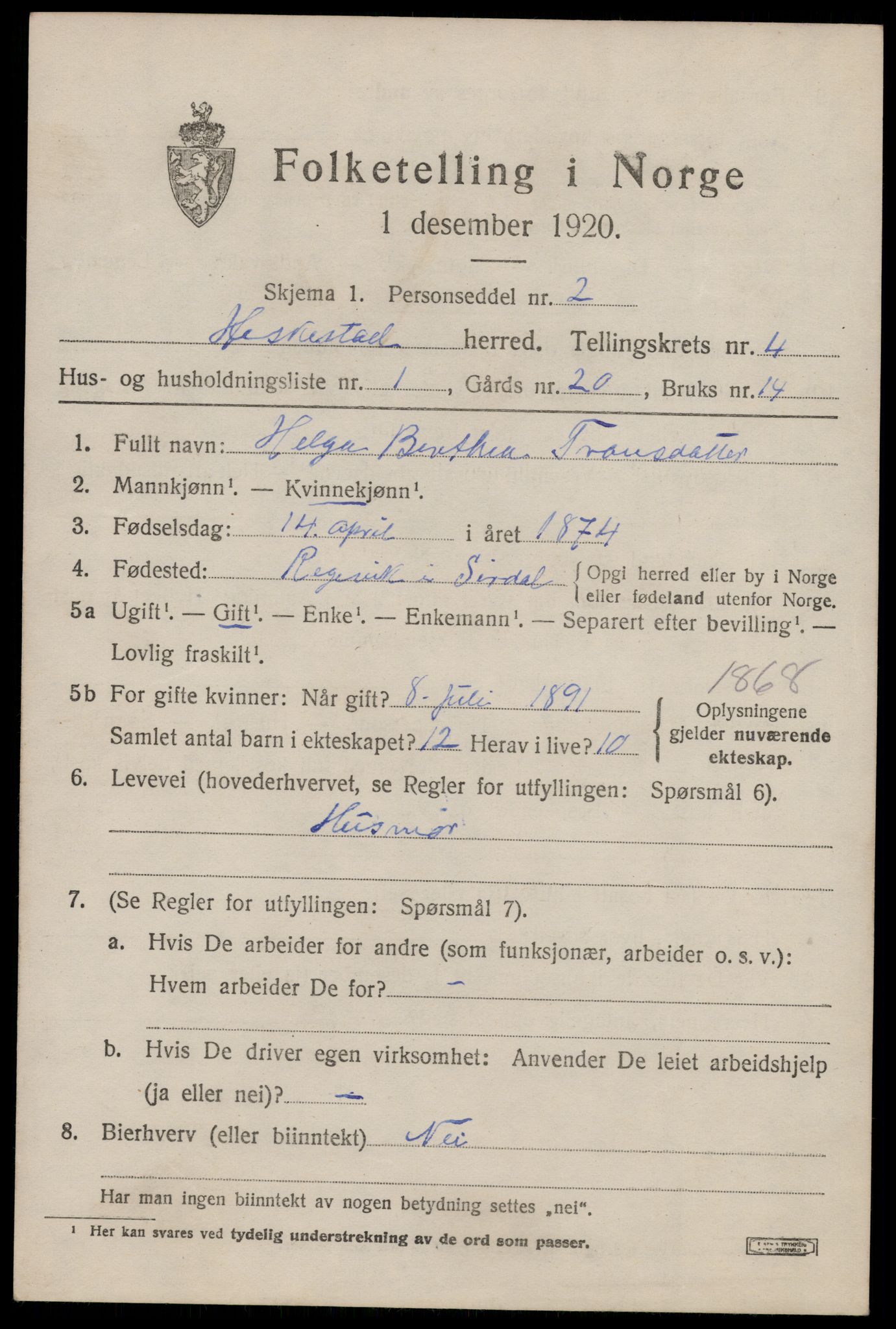 SAST, 1920 census for Heskestad, 1920, p. 1421