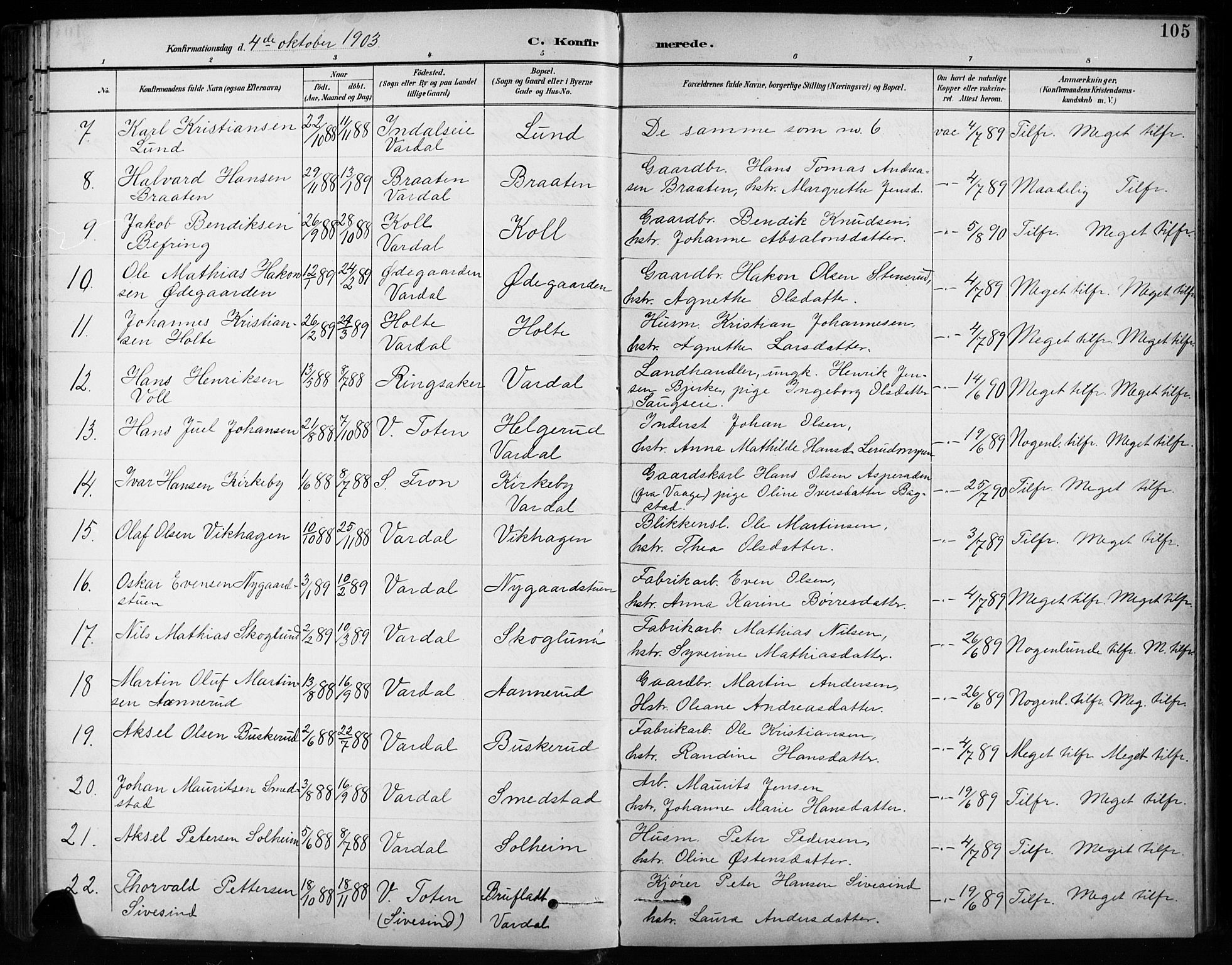 Vardal prestekontor, SAH/PREST-100/H/Ha/Hab/L0010: Parish register (copy) no. 10, 1895-1903, p. 105
