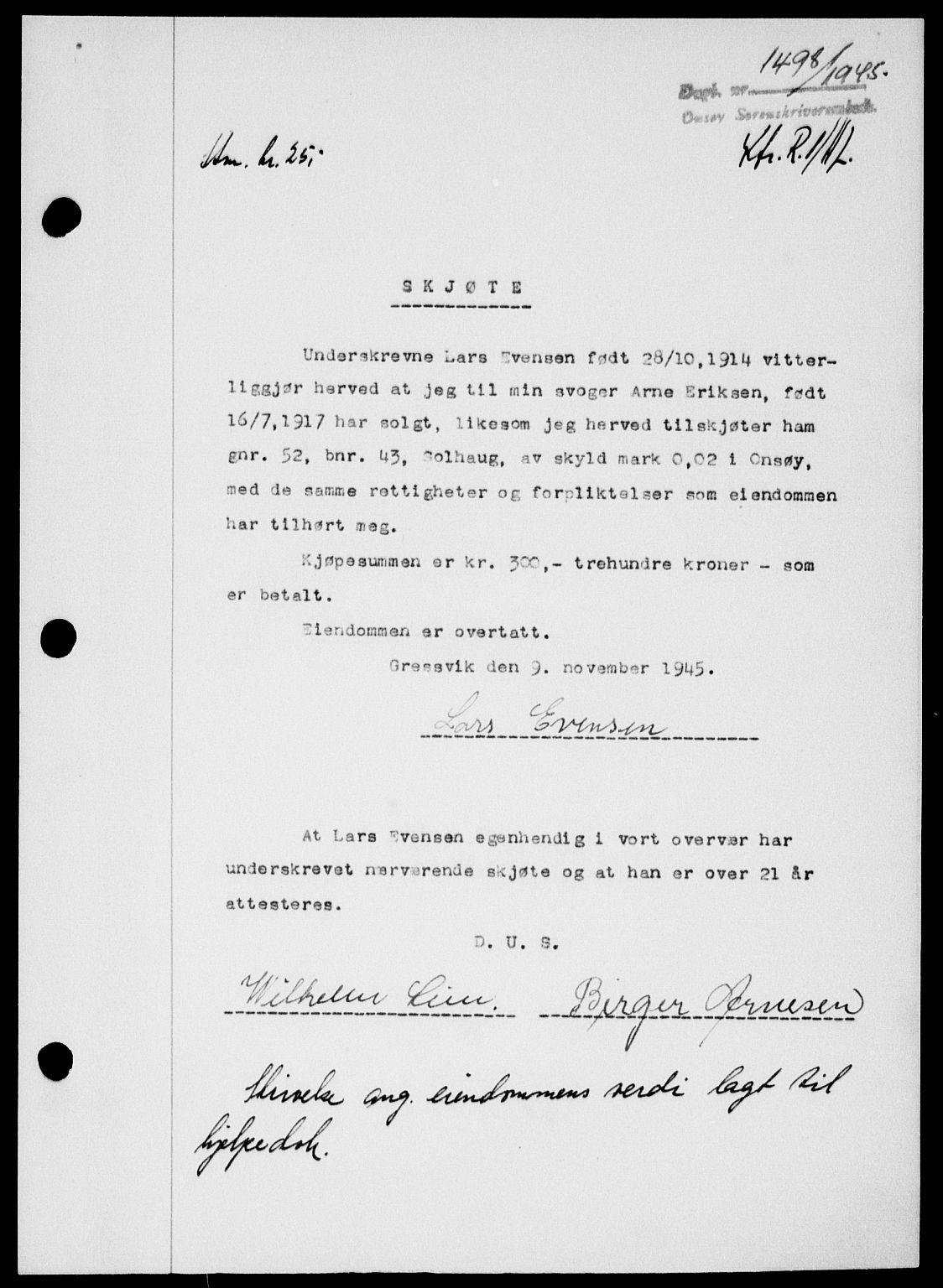 Onsøy sorenskriveri, SAO/A-10474/G/Ga/Gab/L0015: Mortgage book no. II A-15, 1945-1946, Diary no: : 1498/1945