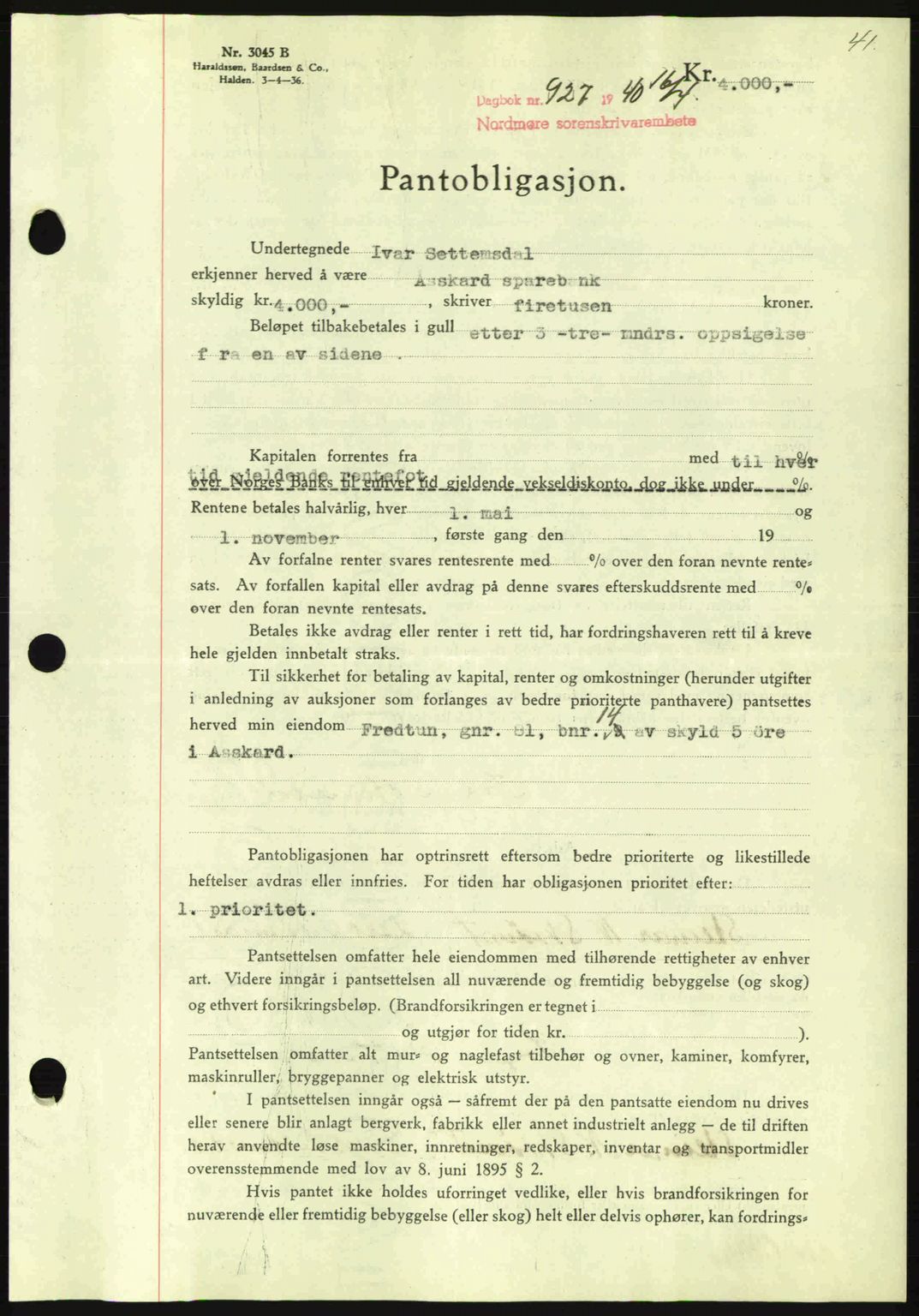 Nordmøre sorenskriveri, AV/SAT-A-4132/1/2/2Ca: Mortgage book no. B87, 1940-1941, Diary no: : 927/1940