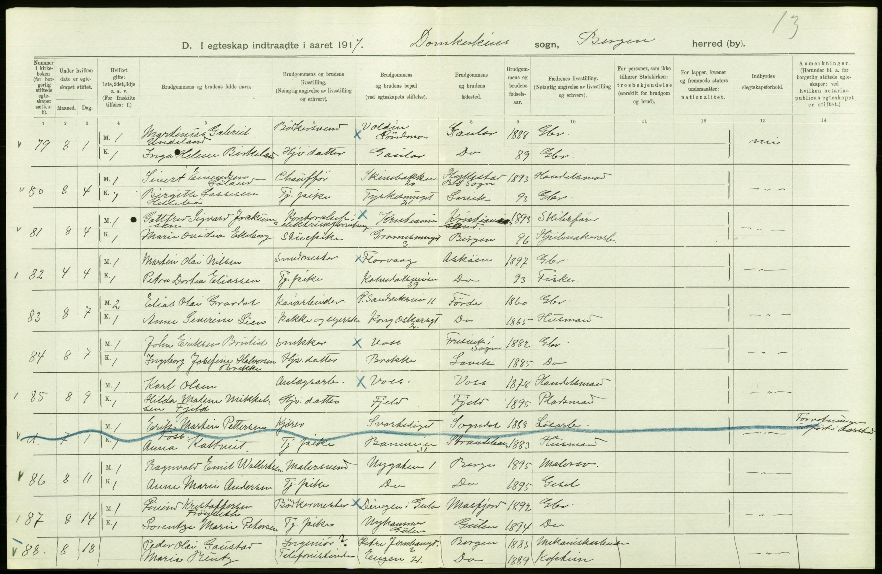 Statistisk sentralbyrå, Sosiodemografiske emner, Befolkning, AV/RA-S-2228/D/Df/Dfb/Dfbg/L0038: Bergen: Gifte, døde, dødfødte., 1917, p. 22