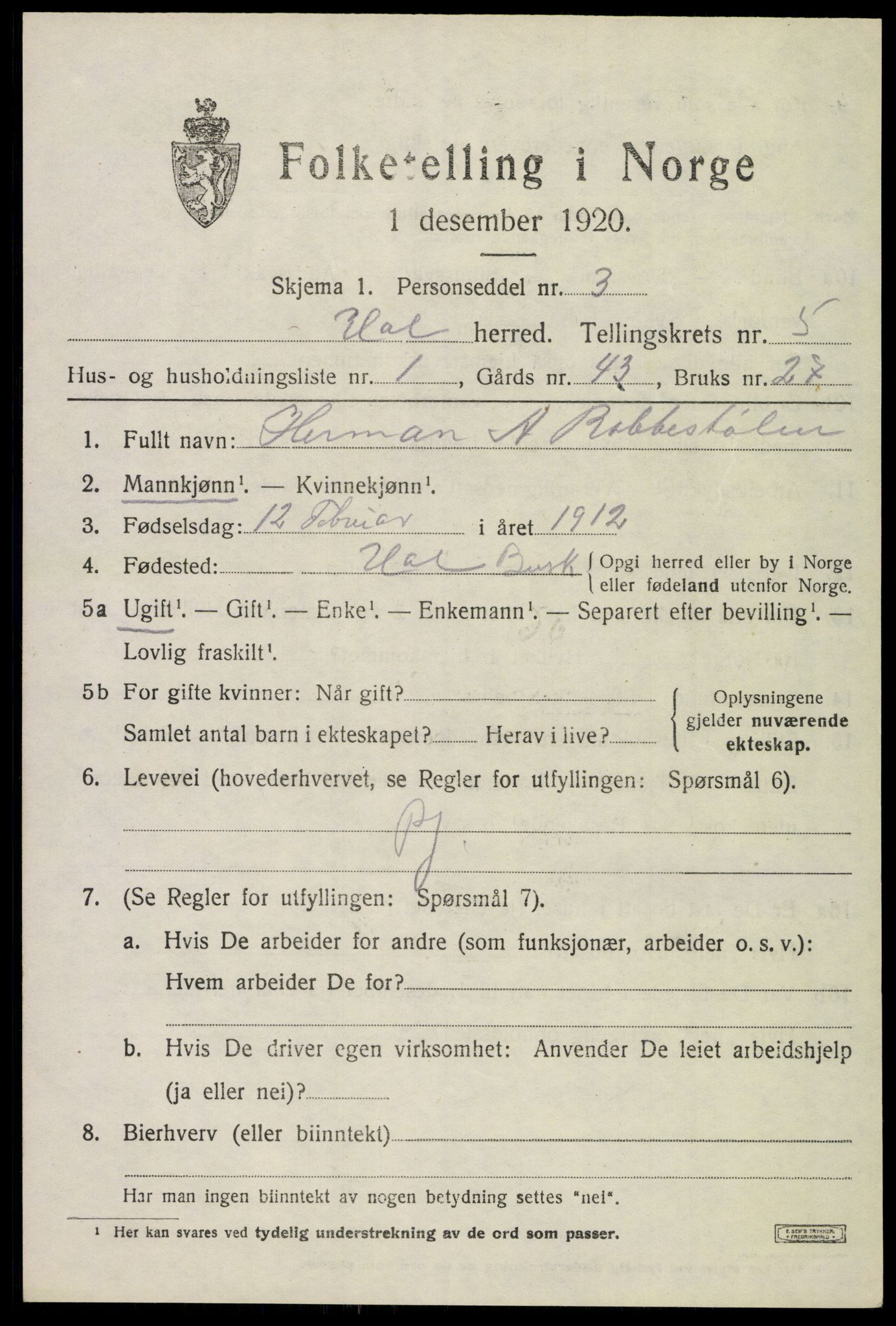 SAKO, 1920 census for Hol (Buskerud), 1920, p. 2791