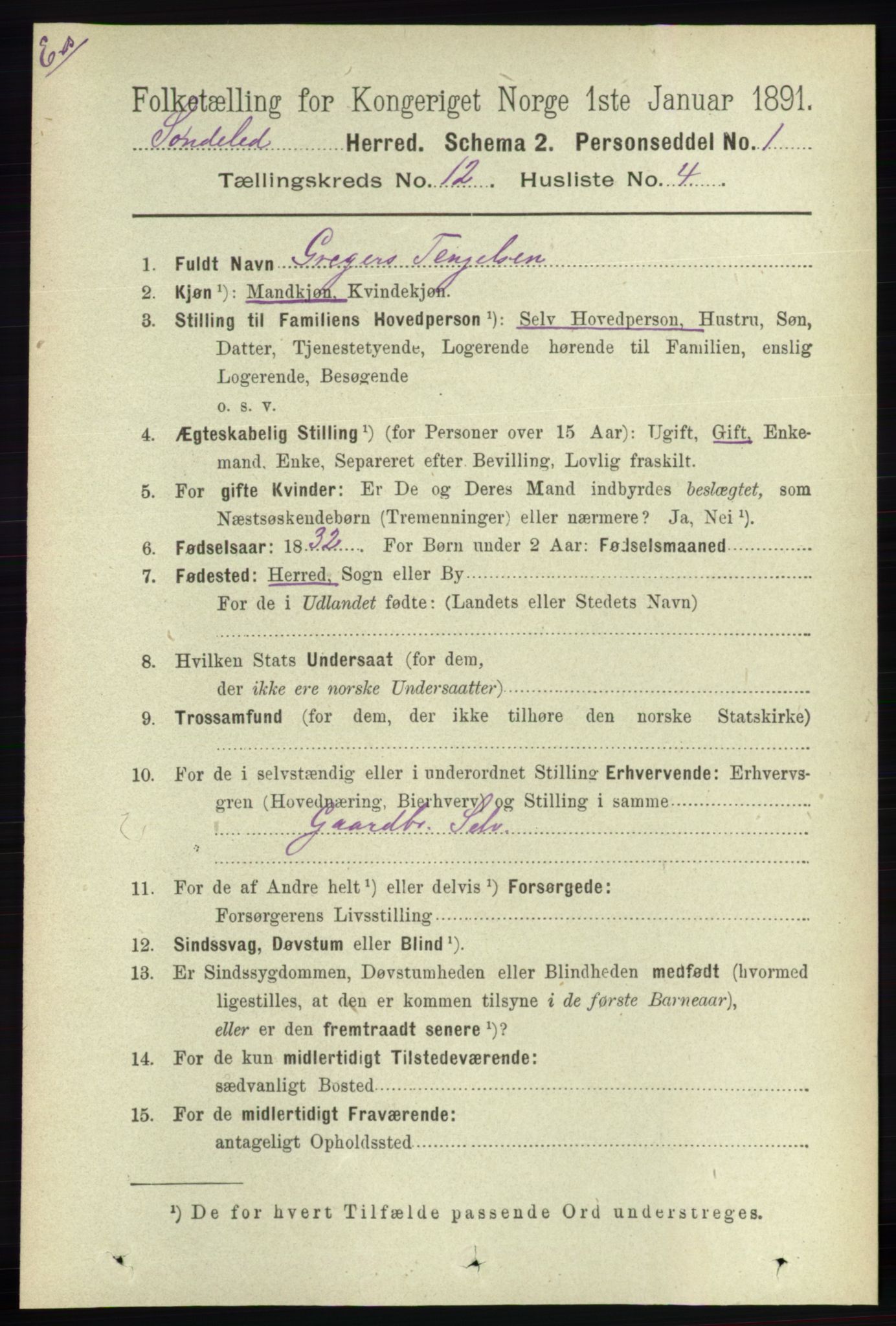 RA, Census 1891 for Nedenes amt: Gjenparter av personsedler for beslektede ektefeller, menn, 1891, p. 158