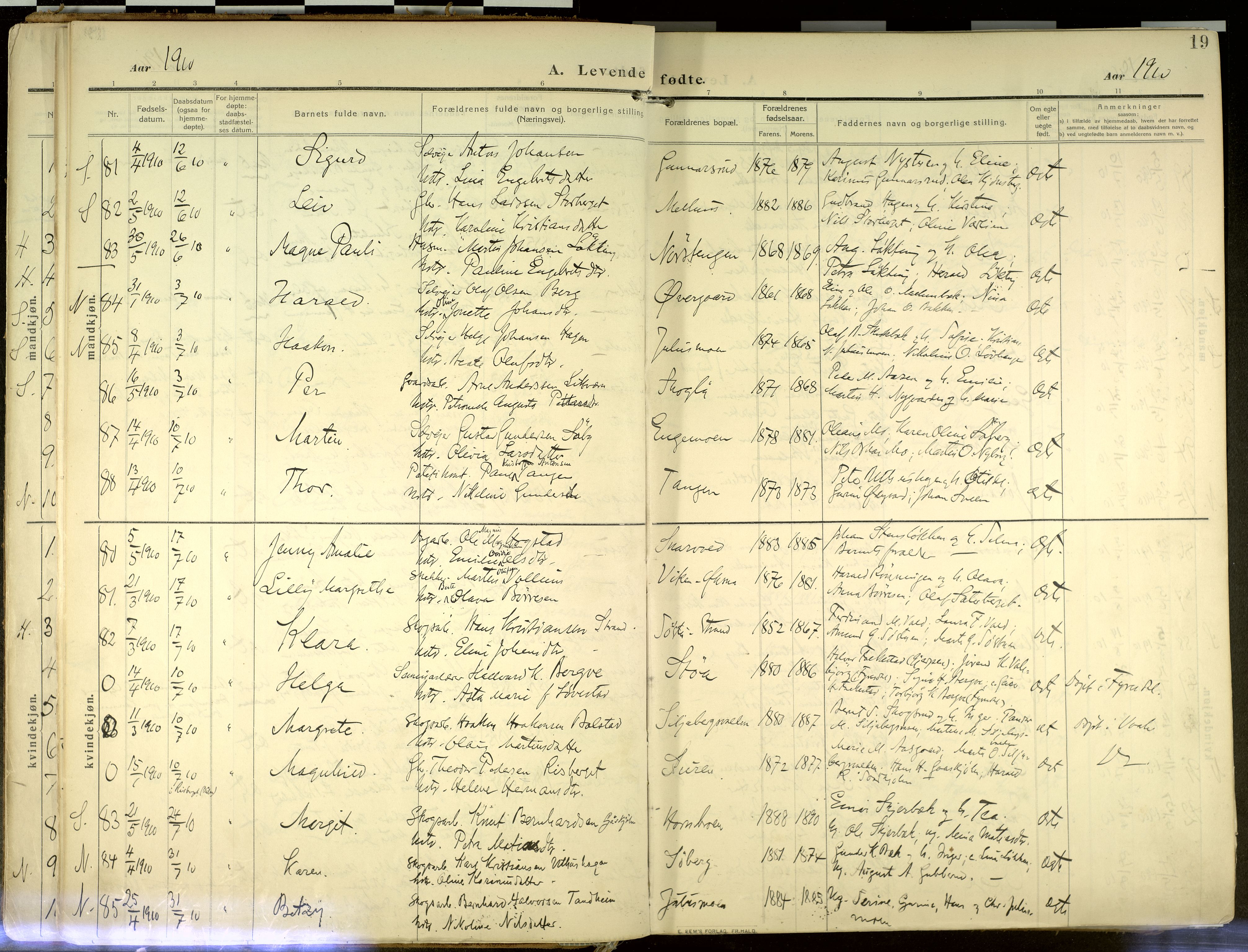 Elverum prestekontor, AV/SAH-PREST-044/H/Ha/Haa/L0020: Parish register (official) no. 20, 1909-1921, p. 19