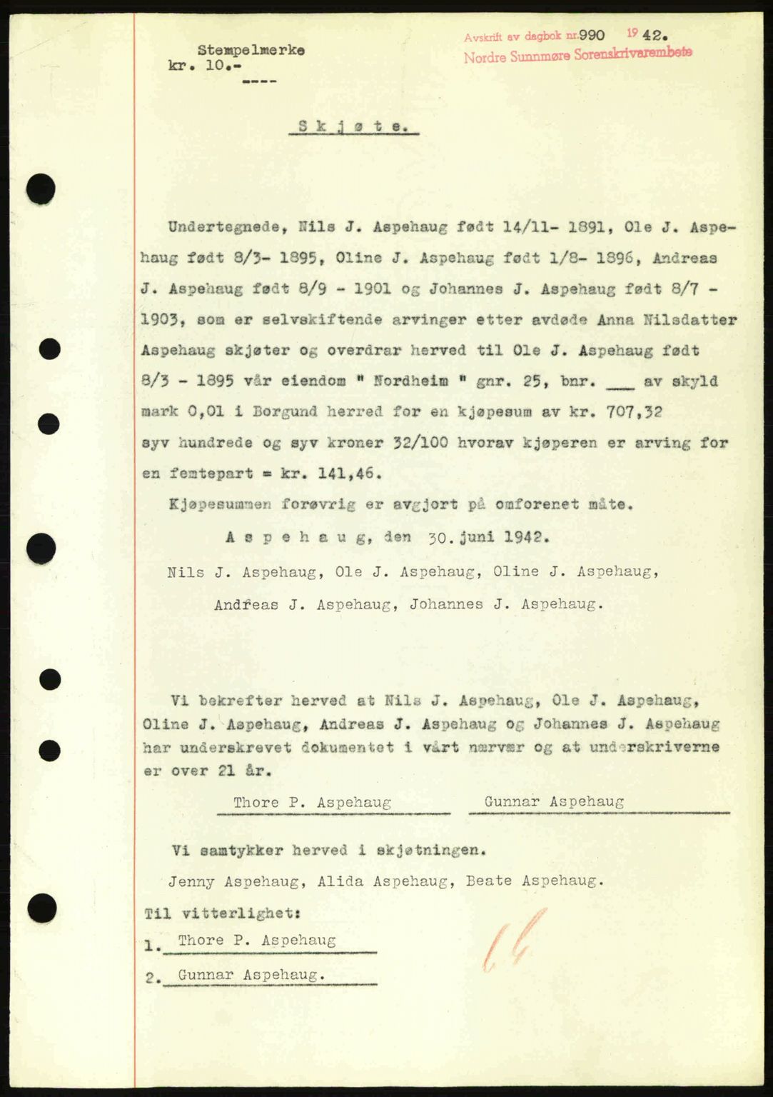 Nordre Sunnmøre sorenskriveri, AV/SAT-A-0006/1/2/2C/2Ca: Mortgage book no. A13, 1942-1942, Diary no: : 990/1942