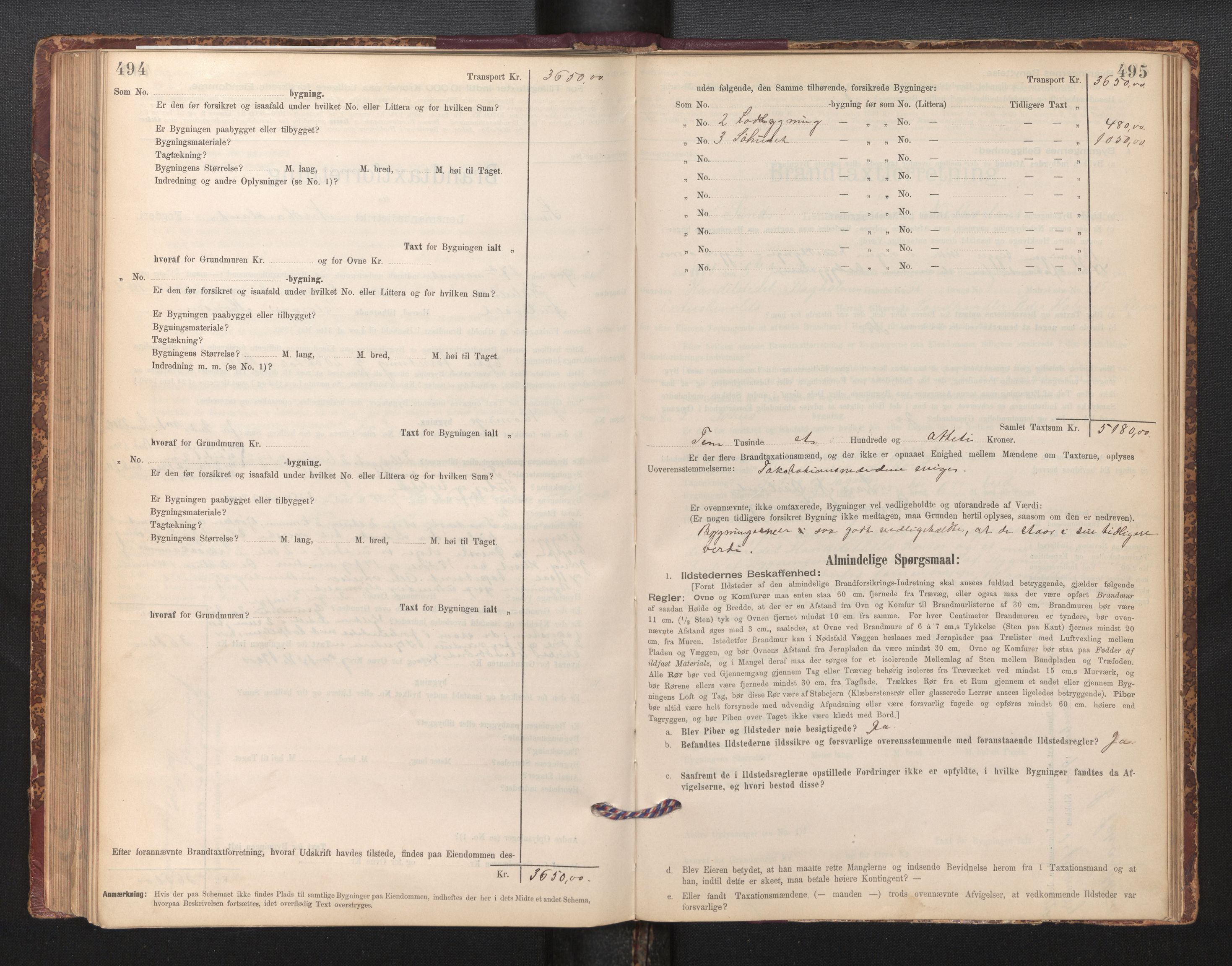 Lensmannen i Sund og Austevoll, AV/SAB-A-35201/0012/L0003: Branntakstprotokoll, skjematakst, 1894-1917, p. 494-495