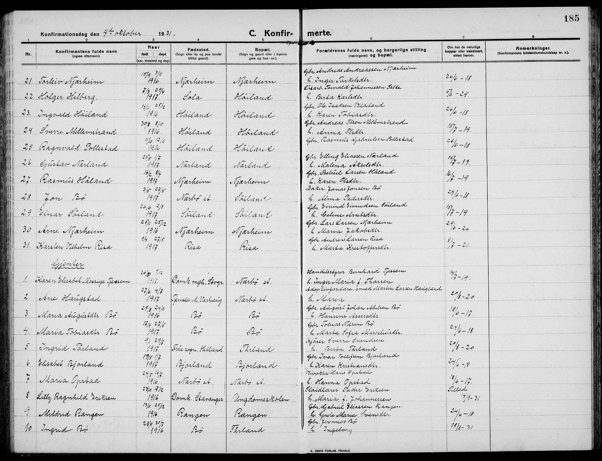 Hå sokneprestkontor, AV/SAST-A-101801/001/30BB/L0007: Parish register (copy) no. B 7, 1912-1939, p. 185