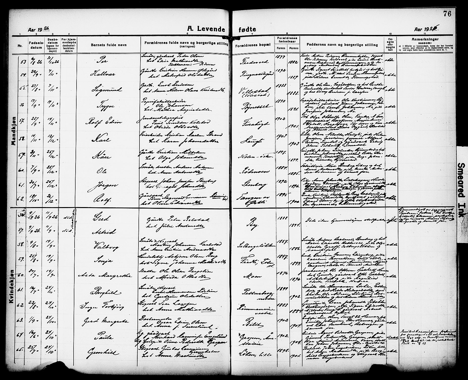 Løten prestekontor, SAH/PREST-022/L/La/L0008: Parish register (copy) no. 8, 1920-1929, p. 76