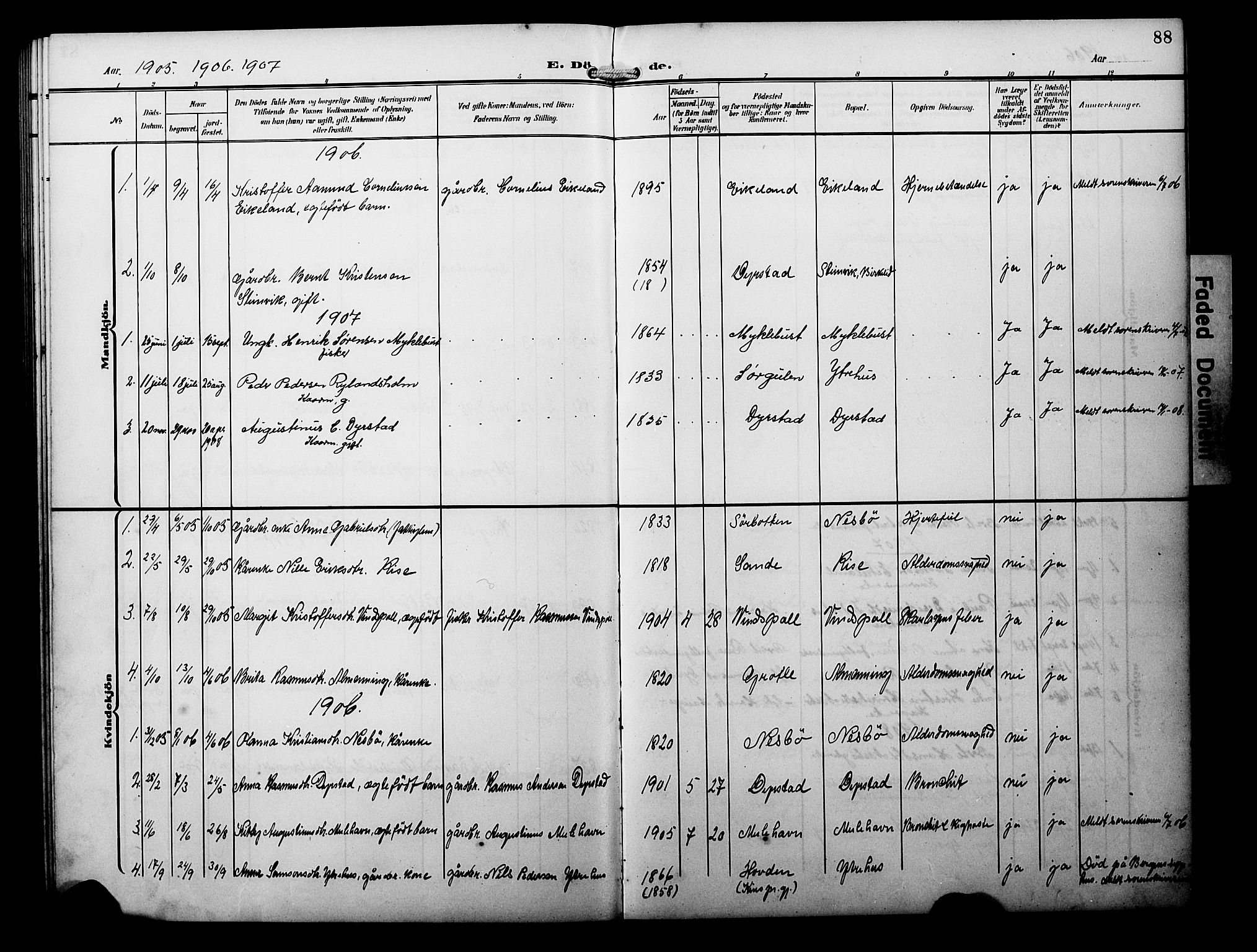 Davik sokneprestembete, AV/SAB-A-79701/H/Hab/Habb/L0001: Parish register (copy) no. B 1, 1903-1928, p. 88