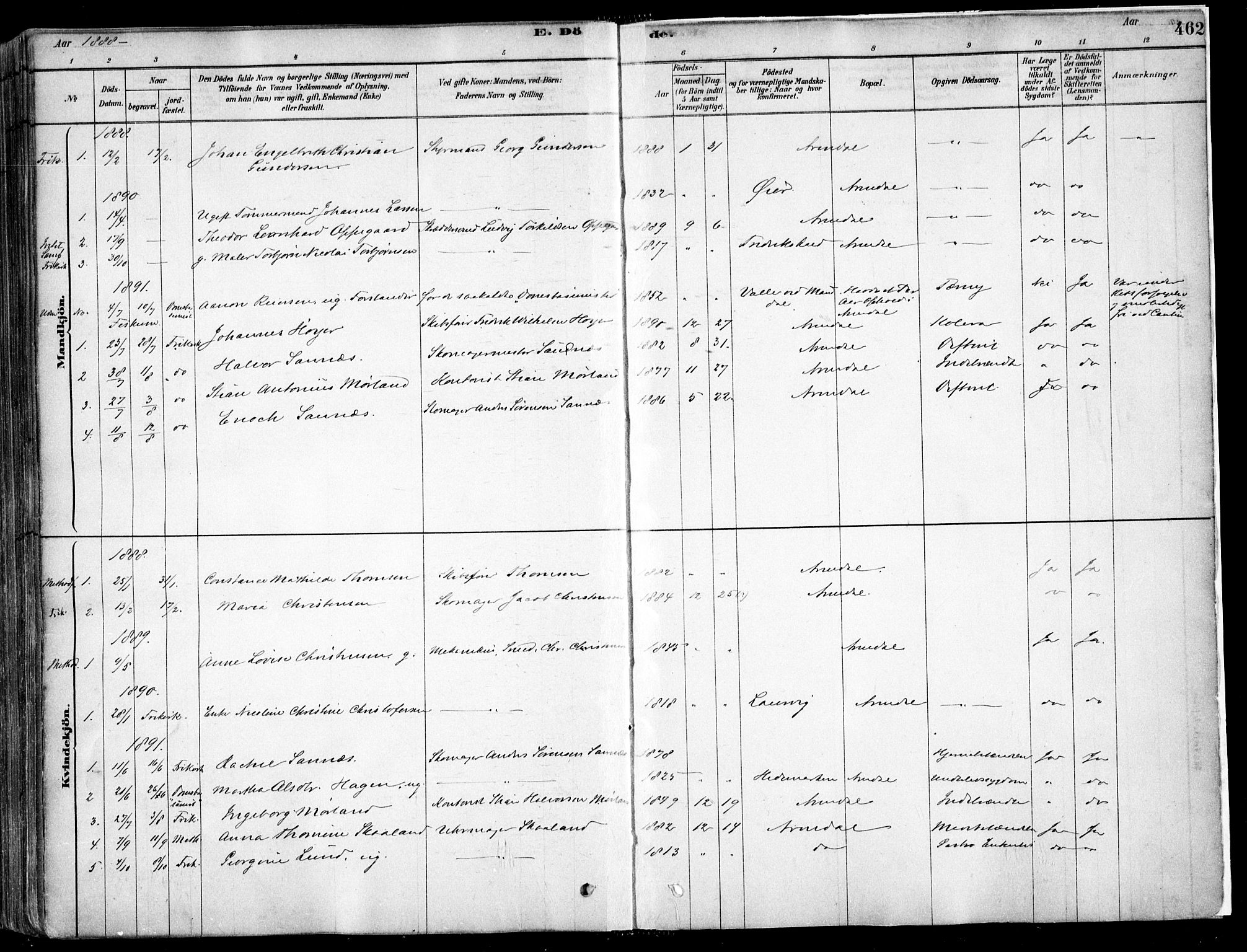 Arendal sokneprestkontor, Trefoldighet, SAK/1111-0040/F/Fa/L0008: Parish register (official) no. A 8, 1878-1899, p. 462