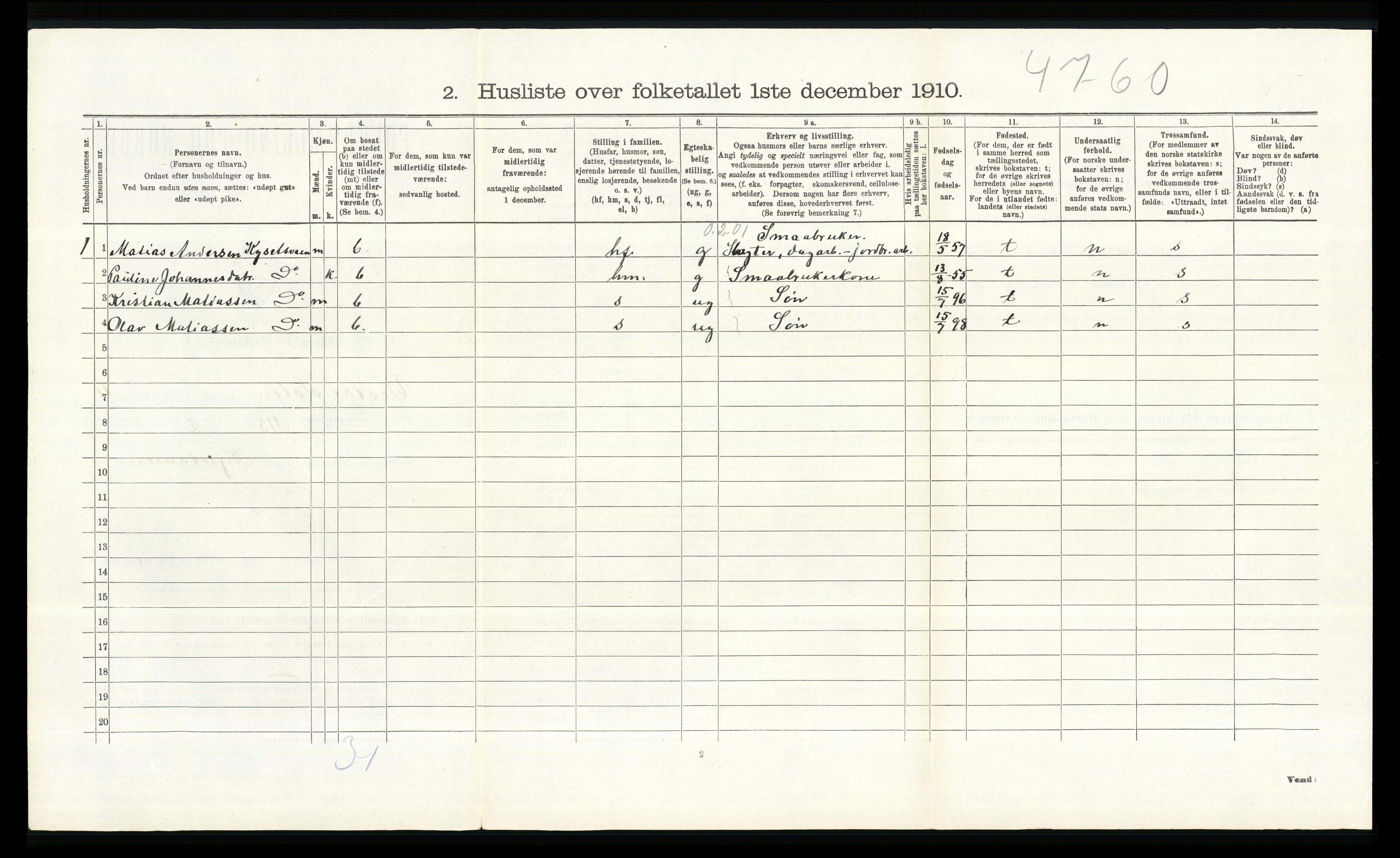 RA, 1910 census for Vestre Toten, 1910, p. 536