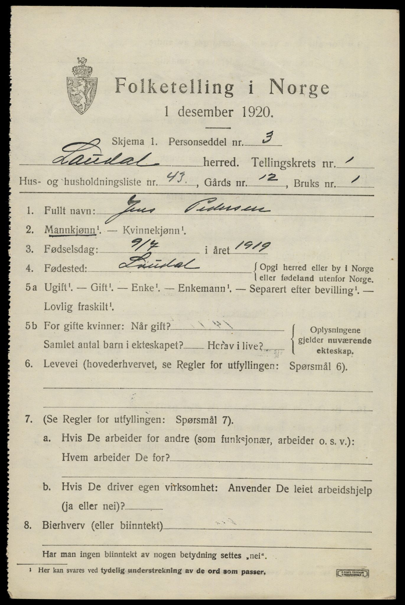 SAK, 1920 census for Laudal, 1920, p. 754